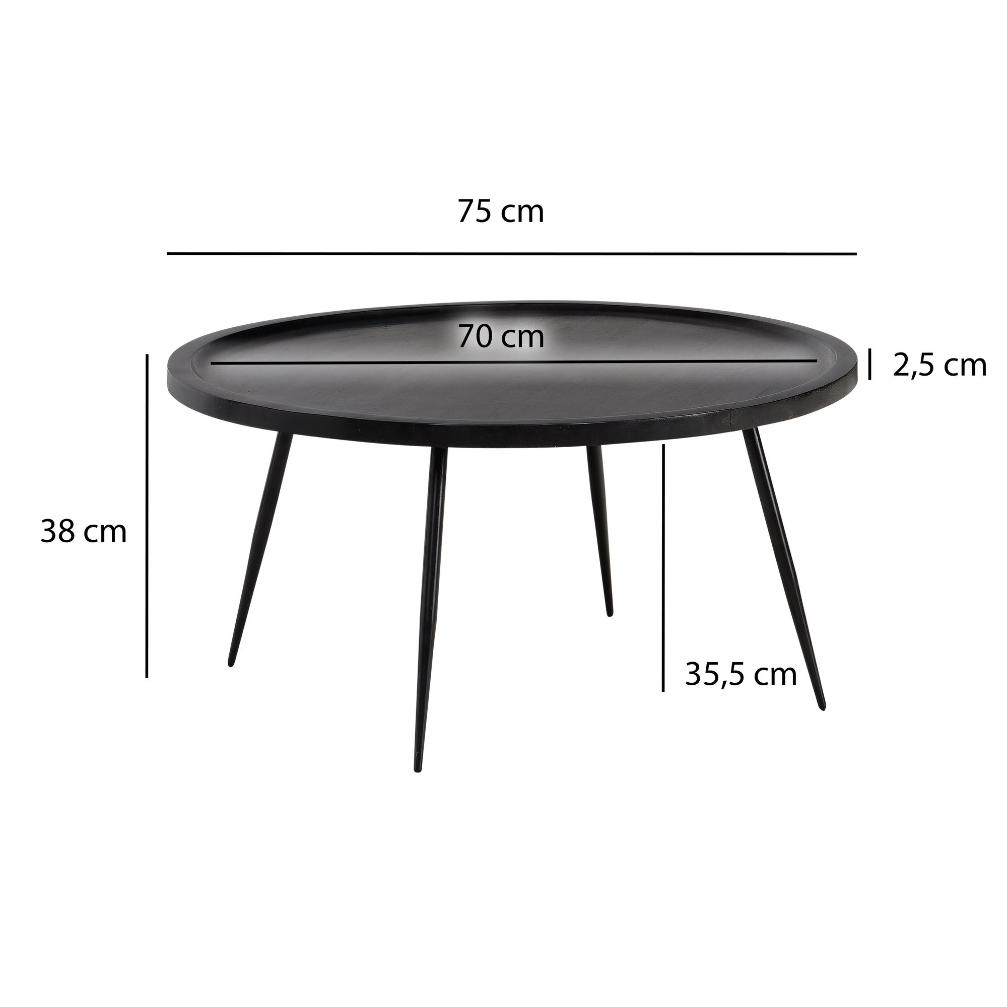 FineBuy Couchtisch Mango Massivholz rund Ø 75 cm Schwarz · Moderner Wohnzimmertisch mit Metallbeinen · Handgefertigter Sofatisch im Industrial Japandi Design | Farbe: Schwarz