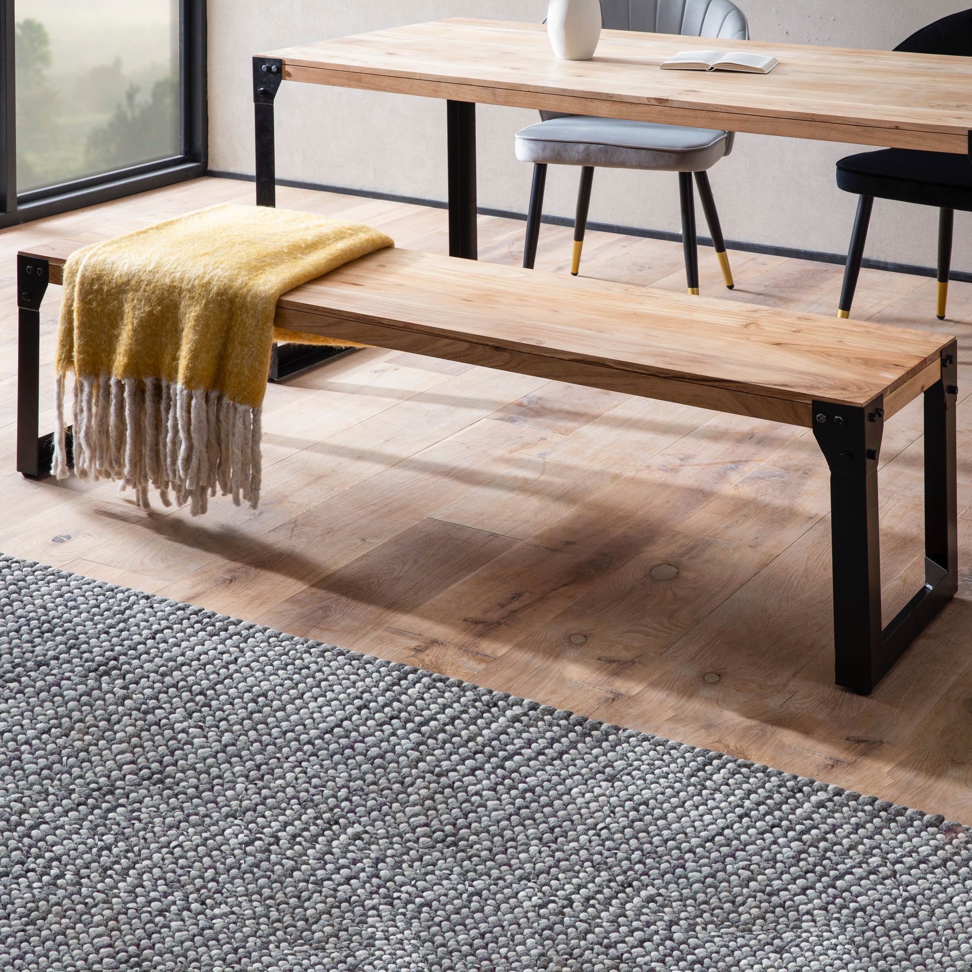 FineBuy Esszimmerbank Akazie Massivholz Metall Industrial, Esstischbank Holzbank Massiv ohne Lehne, Küchenbank Essbank Modern, Sitzbank Esszimmer | Farbe: Braun