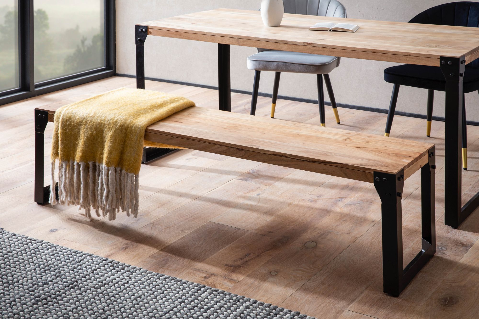 FineBuy Esszimmerbank Akazie Massivholz Metall Industrial, Esstischbank Holzbank Massiv ohne Lehne, Küchenbank Essbank Modern, Sitzbank Esszimmer | Farbe: Braun