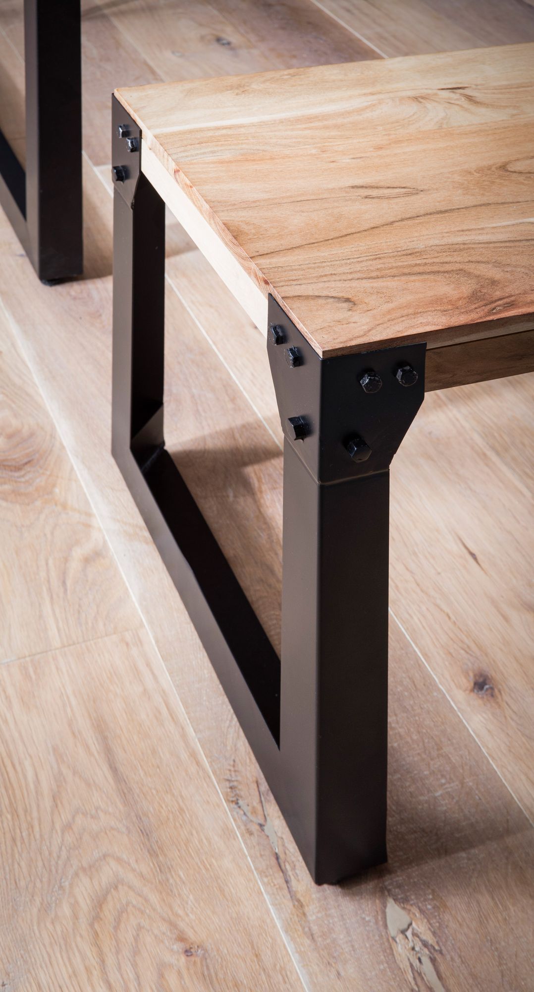 FineBuy Esszimmerbank Akazie Massivholz Metall Industrial, Esstischbank Holzbank Massiv ohne Lehne, Küchenbank Essbank Modern, Sitzbank Esszimmer | Farbe: Braun