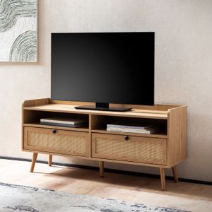 FineBuy Lowboard 120x56x39 cm TV-Kommode mit Eiche-Dekor & Rattan, Design TV-Schrank Hoch mit Schubladen, Fernsehtisch Fernsehschrank Stauraum, Fernsehkommode Wohnzimmer