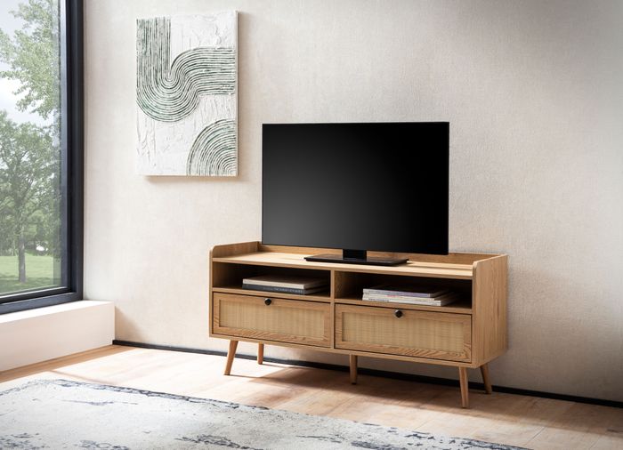 FineBuy Lowboard 120x56x39 cm TV-Kommode mit Eiche-Dekor & Rattan, Design TV-Schrank Hoch mit Schubladen, Fernsehtisch Fernsehschrank Stauraum, Fernsehkommode Wohnzimmer