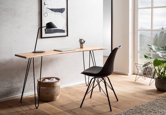 FineBuy Schreibtisch 150x36x75 cm Akazie Massivholz / Metall Computertisch Baumkante, Homeoffice Bürotisch Massiv mit Haarnadelbeinen in Schwarz, Holztisch Schmal Laptoptisch Arbeitszimmer