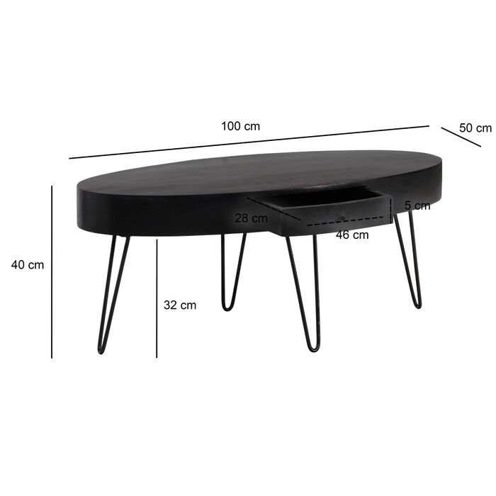 Couchtisch 100cm oval Massivholz schwarz Wohnzimmertisch Schublade Industrial – Maßzeichnung