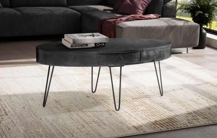 FineBuy Couchtisch 100x50x40 cm Mango Massivholz Metall Sofatisch, Design Wohnzimmertisch Oval mit Schublade, Kaffeetisch Stauraum Massiv, Großer Tisch Wohnzimmer Haarnadelbeine