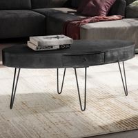 Couchtisch 100cm oval Massivholz schwarz Wohnzimmertisch Schublade Industrial – Ansicht 1