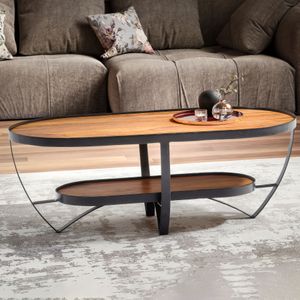 FineBuy Couchtisch 100x50x37,5 cm Sheesham Massivholz Metall Sofatisch Oval, Wohnzimmertisch Kaffeetisch Massiv mit Stauraum, Tisch Wohnzimmer Modern