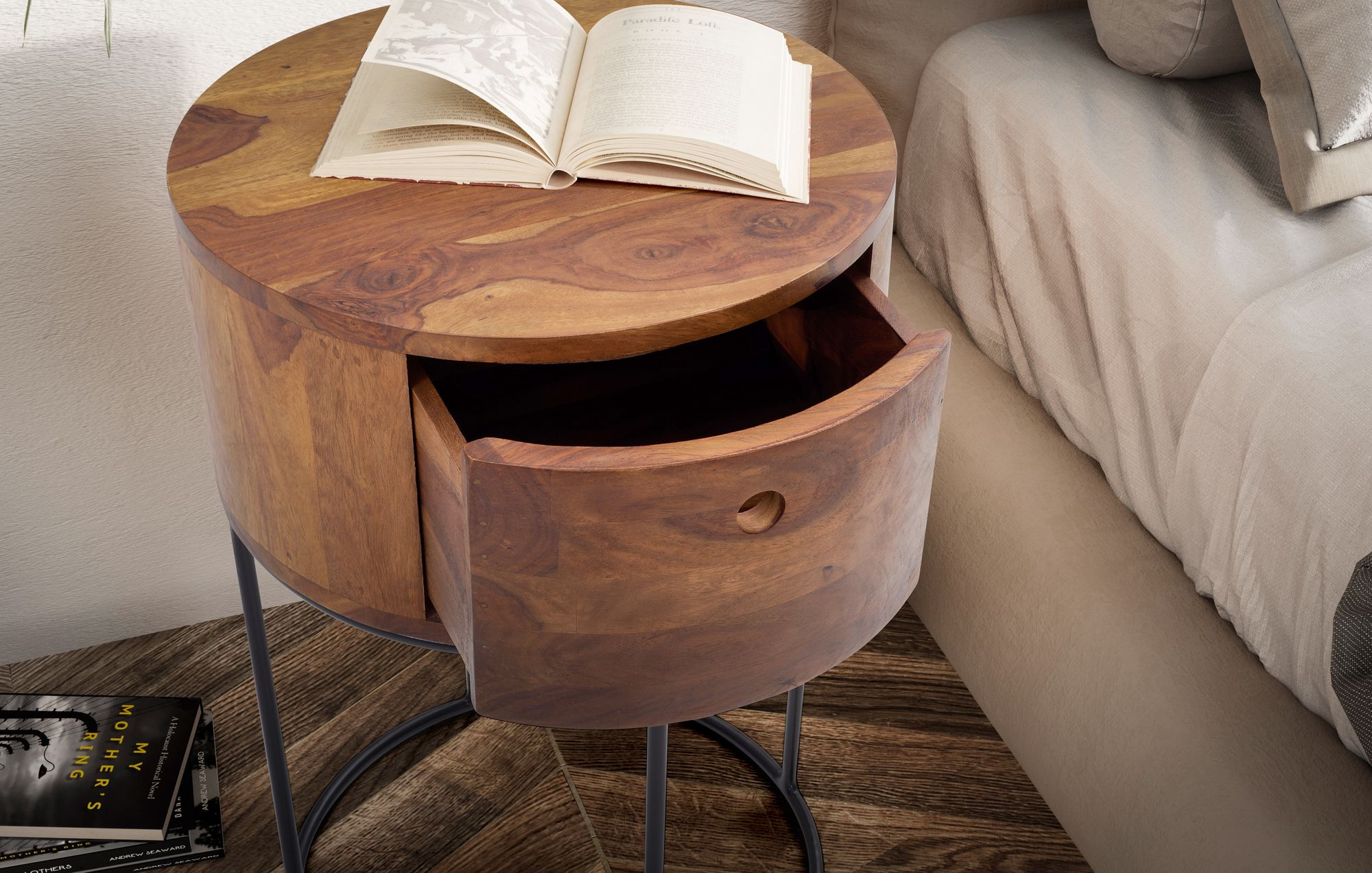 FineBuy Nachtkonsole rund aus Massivholz mit Metallgestell und Schublade – moderner Nachttisch im Industrial Design mit Stauraum, Nachtkästchen ideal für Boxspringbetten – 40x40x60 cm | Farbe: Braun