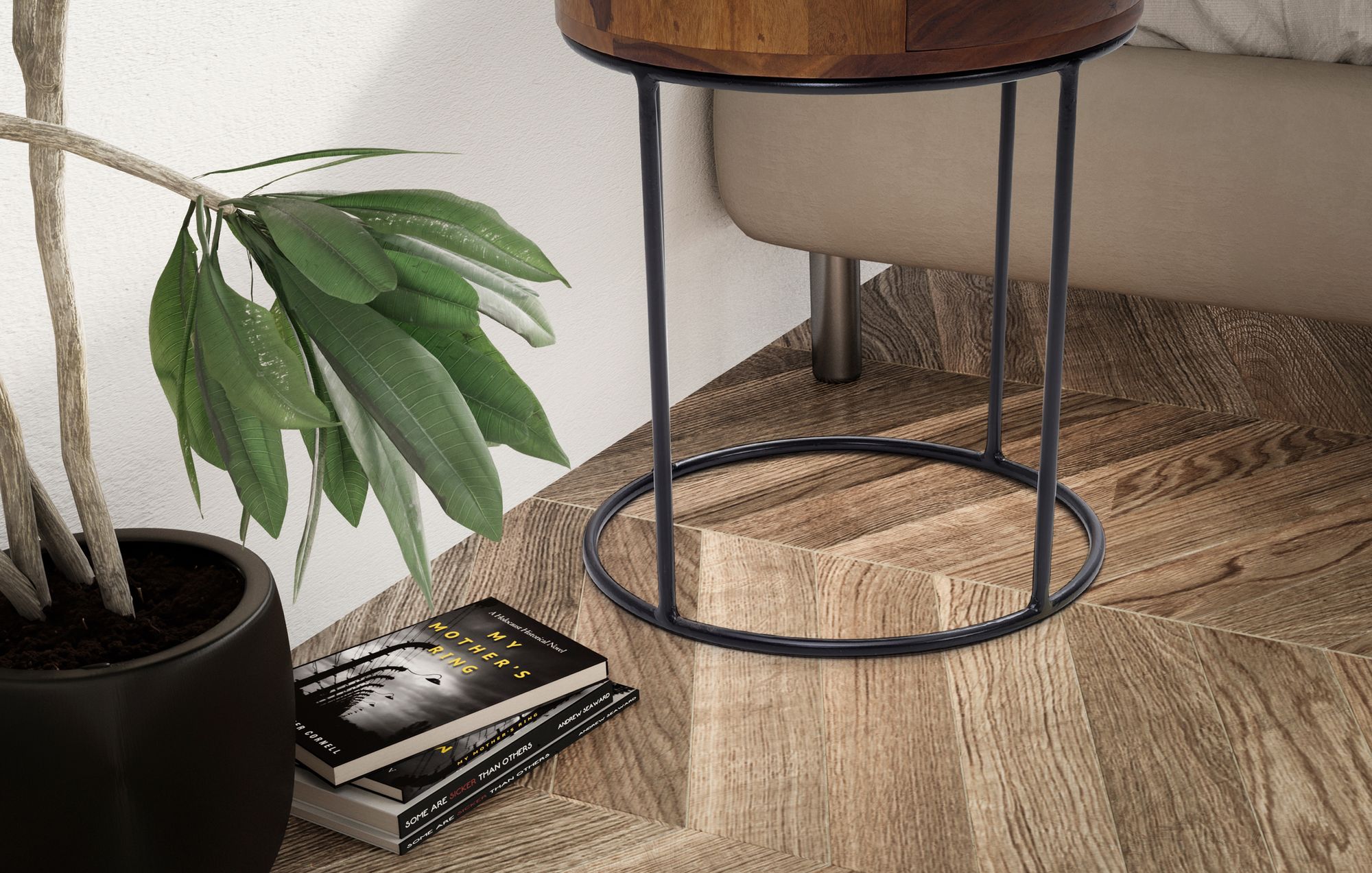 FineBuy Nachtkonsole rund aus Massivholz mit Metallgestell und Schublade – moderner Nachttisch im Industrial Design mit Stauraum, Nachtkästchen ideal für Boxspringbetten – 40x40x60 cm | Farbe: Braun