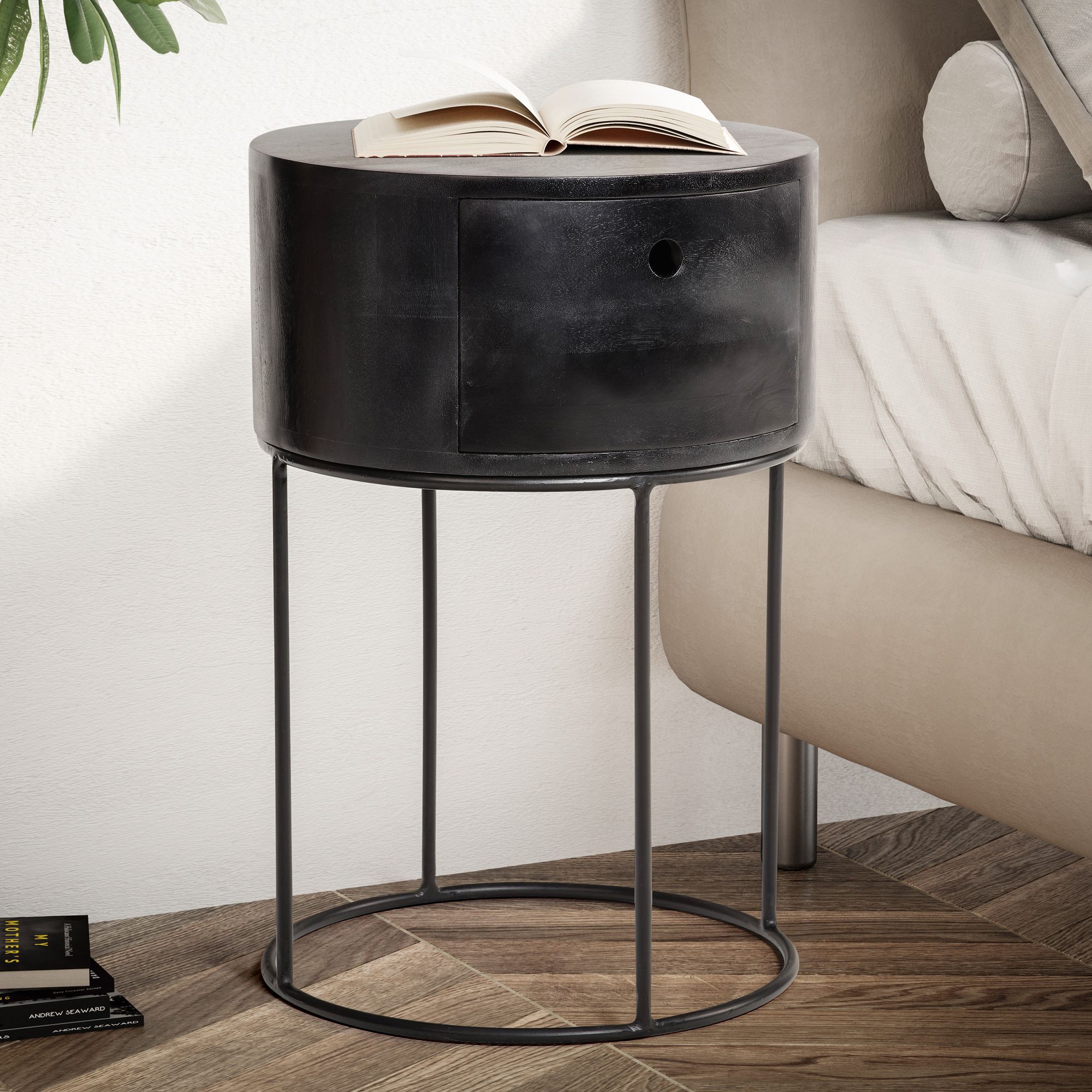 FineBuy Nachtkonsole rund aus Massivholz mit Metallgestell und Schublade – moderner Nachttisch im Industrial Design mit Stauraum, Nachtkästchen ideal für Boxspringbetten – 40x40x60 cm | Farbe: Braun