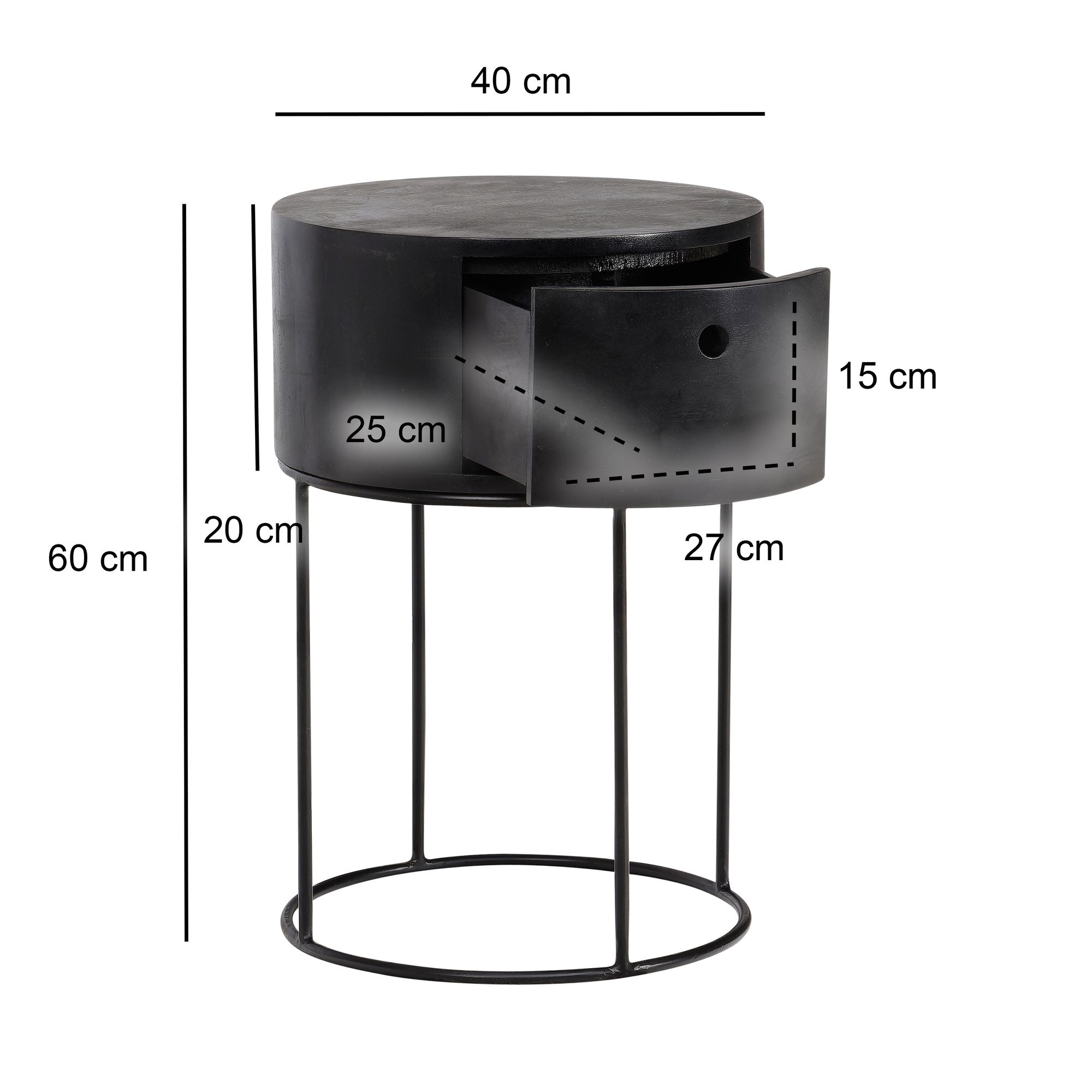 FineBuy Nachtkonsole rund aus Massivholz mit Metallgestell und Schublade – moderner Nachttisch im Industrial Design mit Stauraum, Nachtkästchen ideal für Boxspringbetten – 40x40x60 cm | Farbe: Braun