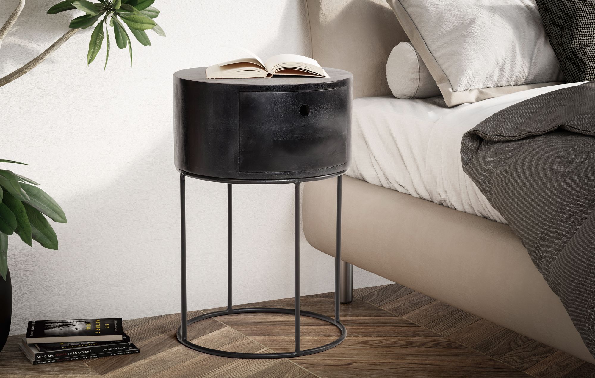 FineBuy Nachtkonsole rund aus Massivholz mit Metallgestell und Schublade – moderner Nachttisch im Industrial Design mit Stauraum, Nachtkästchen ideal für Boxspringbetten – 40x40x60 cm | Farbe: Braun