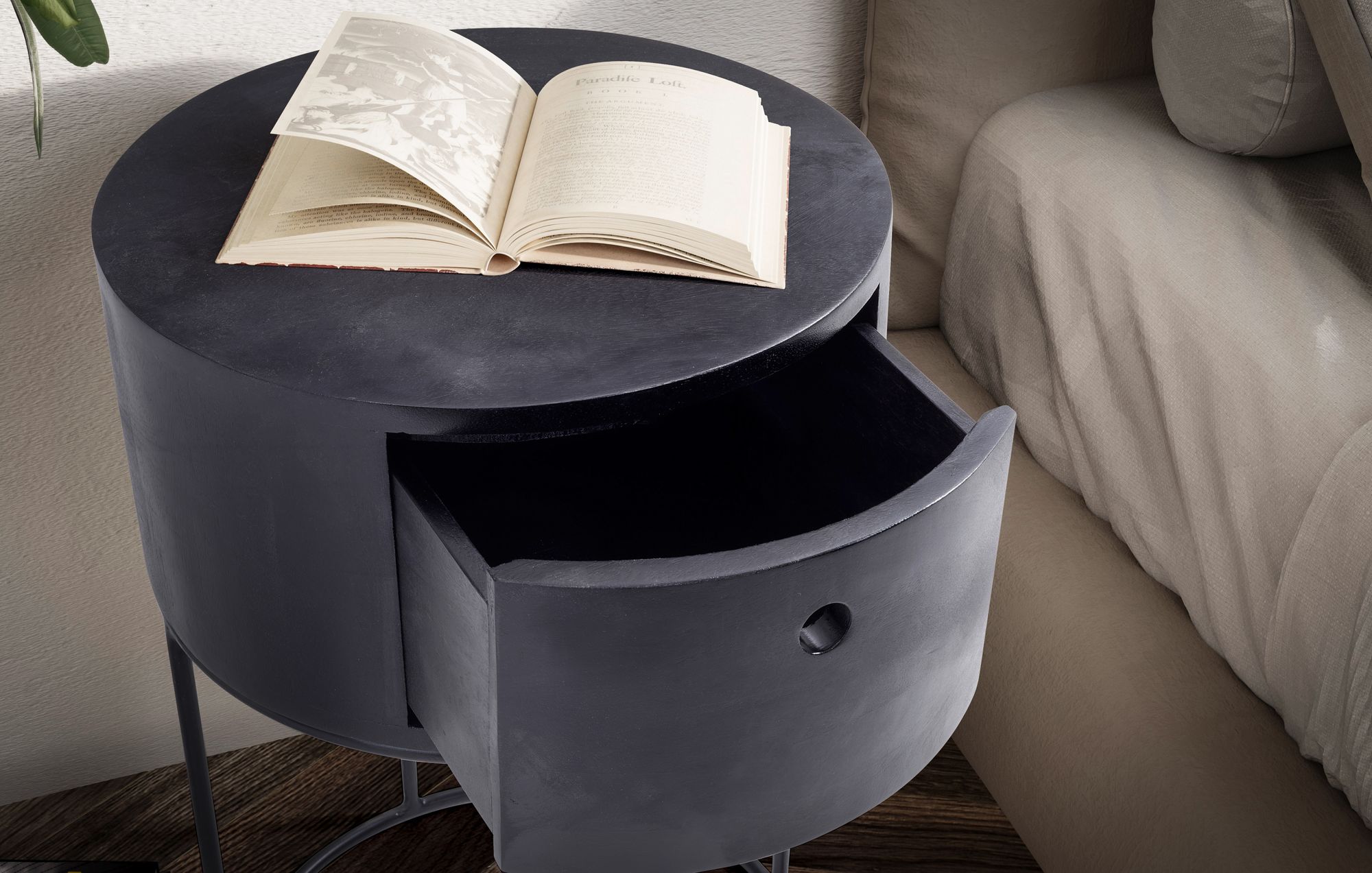 FineBuy Nachtkonsole rund aus Massivholz mit Metallgestell und Schublade – moderner Nachttisch im Industrial Design mit Stauraum, Nachtkästchen ideal für Boxspringbetten – 40x40x60 cm | Farbe: Braun