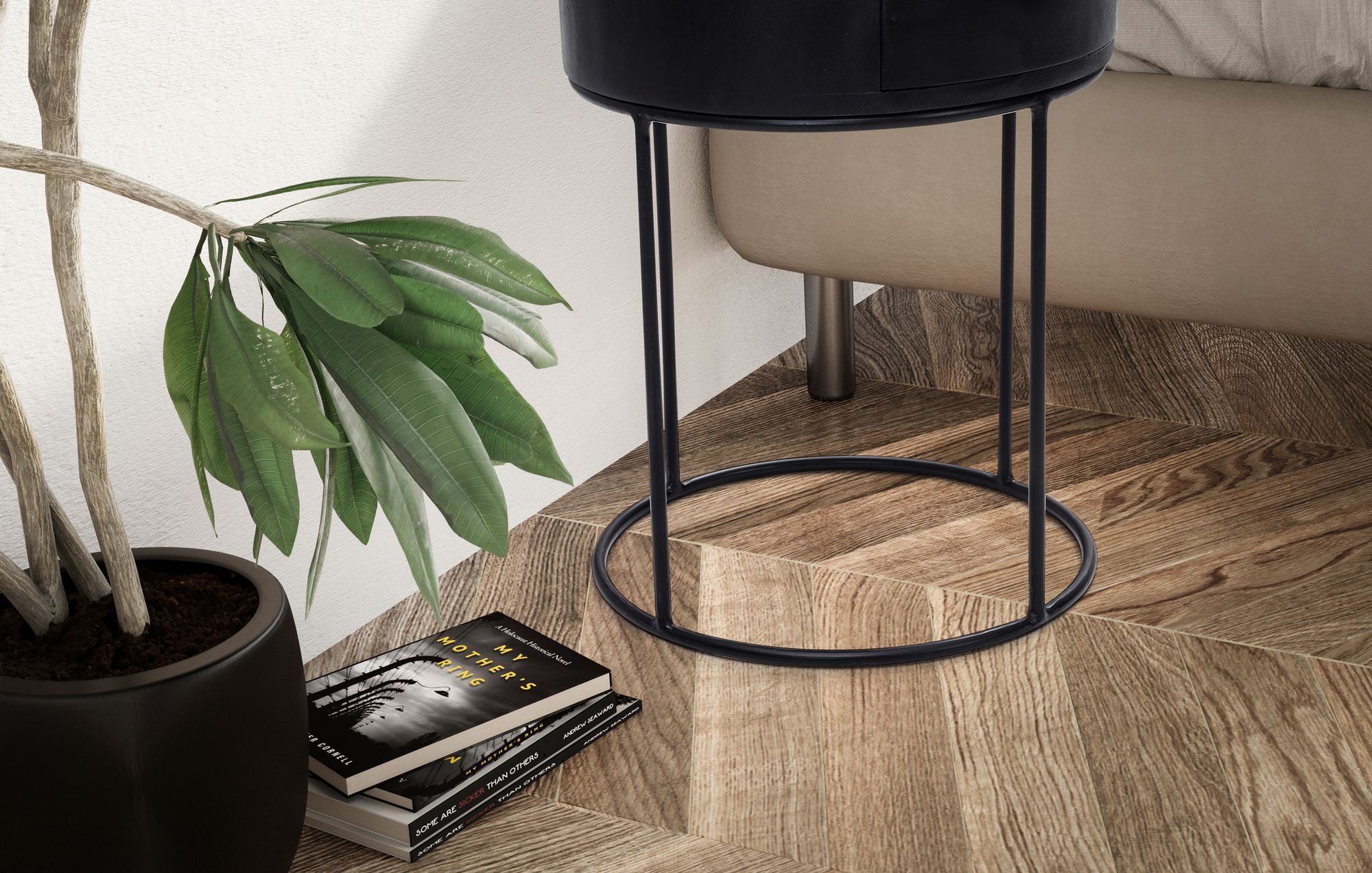 FineBuy Nachtkonsole rund aus Massivholz mit Metallgestell und Schublade – moderner Nachttisch im Industrial Design mit Stauraum, Nachtkästchen ideal für Boxspringbetten – 40x40x60 cm | Farbe: Braun