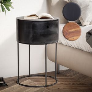 SV106384 FineBuy Nachtkonsole Massivholz Metall 40x40x60 cm Nachttisch, Design Nachtkommode Rund Boxspringbett mit Schublade, Nachtkästchen mit Stauraum