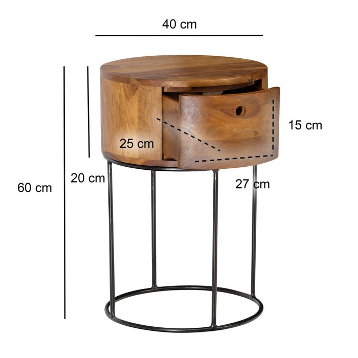 Nachttisch FineBuy Nachtkonsole Boxspringbett Holz Massiv 60 cm Schublade Rund – Maßzeichnung