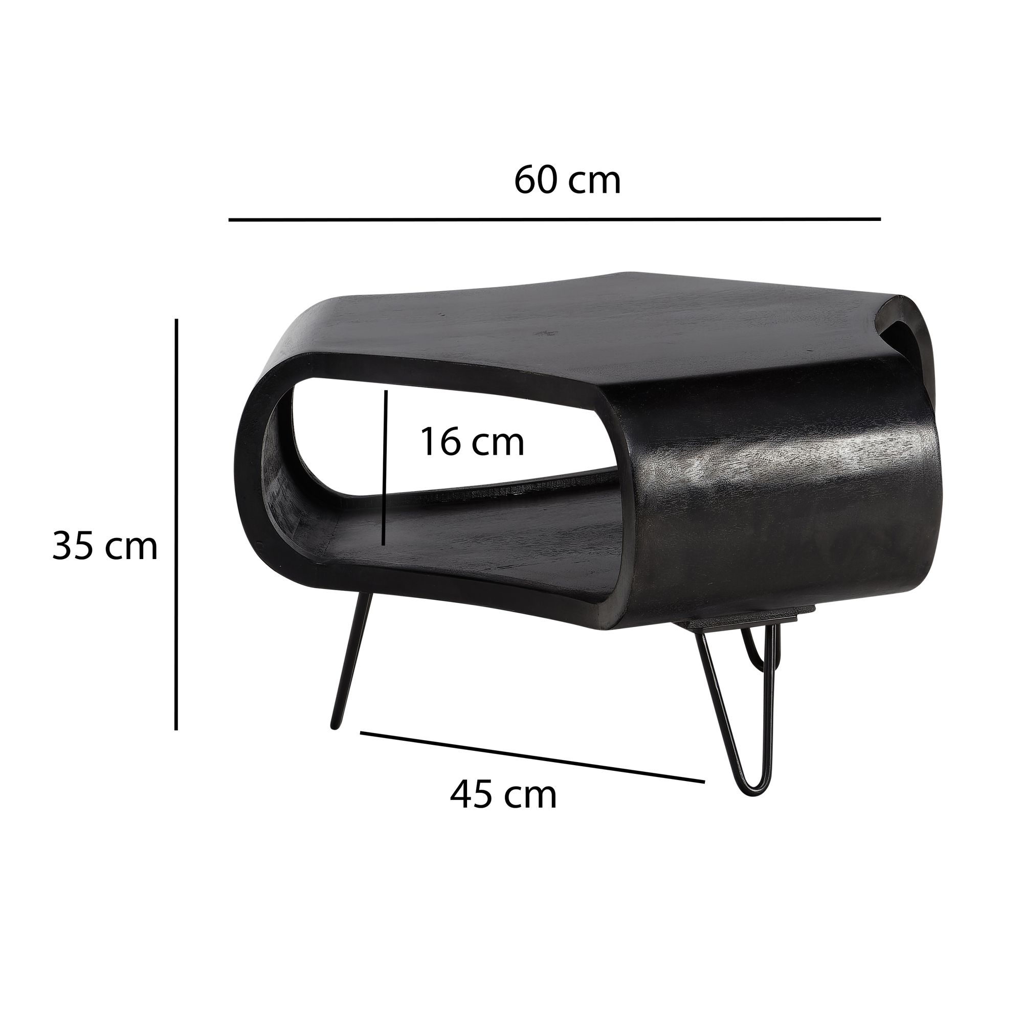 FineBuy Couchtisch Mango Massivholz 60cm Schwarz – Wohnzimmertisch mit Ablagefach und Metallbeinen | Design Tisch in Handarbeit | Retro Stil aus echtem Massivholz | Farbe: Schwarz