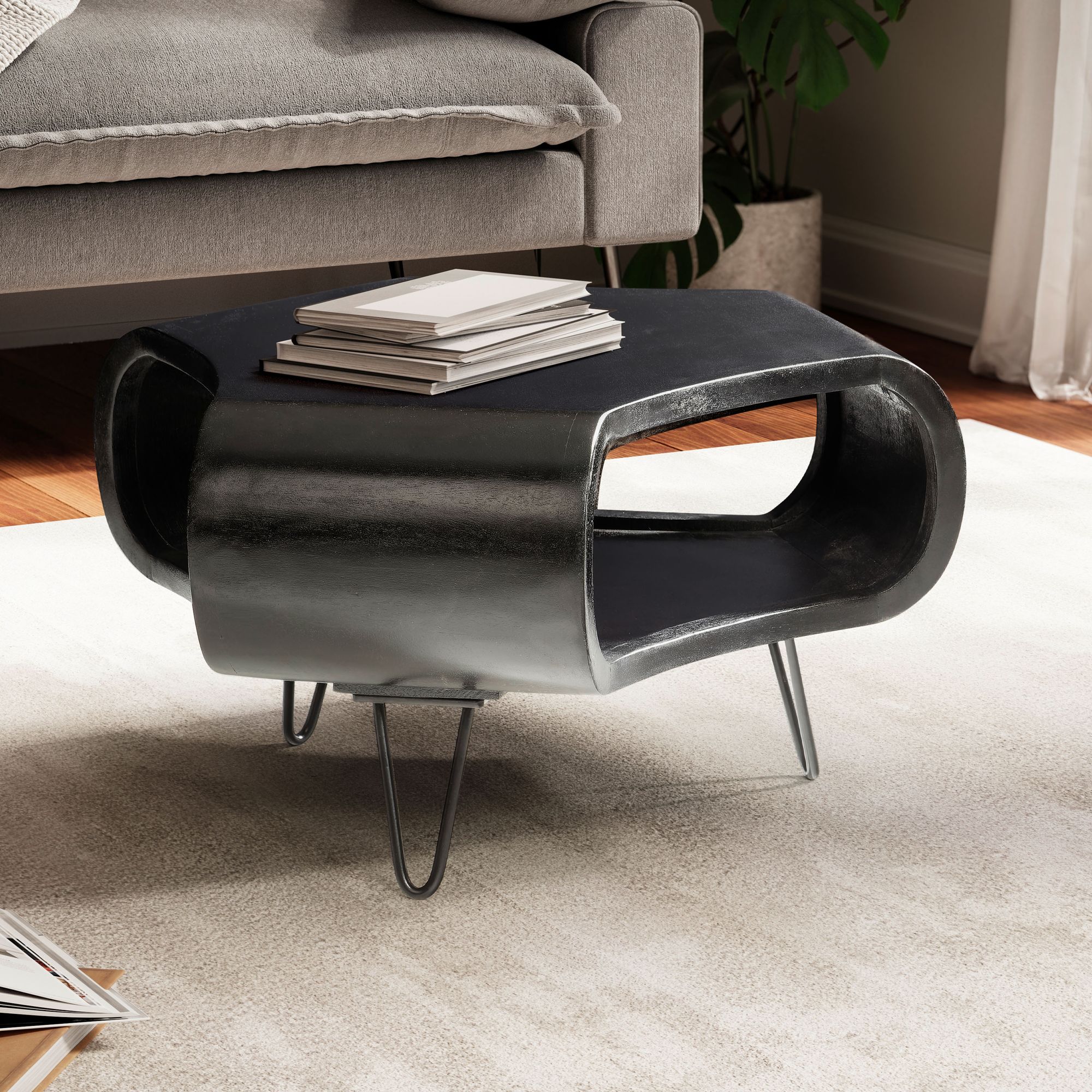 FineBuy Couchtisch Mango Massivholz 60cm Schwarz – Wohnzimmertisch mit Ablagefach und Metallbeinen | Design Tisch in Handarbeit | Retro Stil aus echtem Massivholz | Farbe: Schwarz