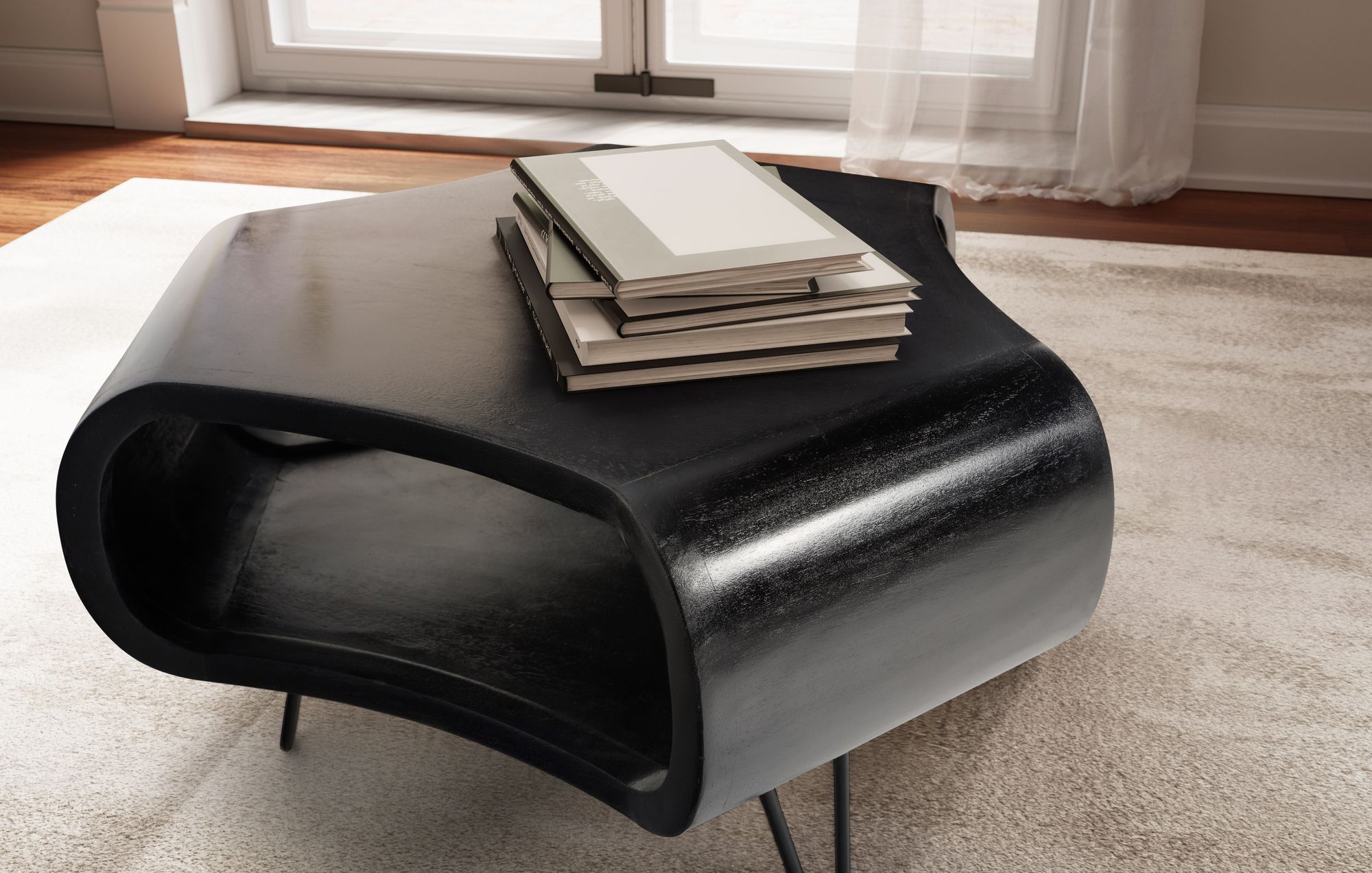 FineBuy Couchtisch Mango Massivholz 60cm Schwarz – Wohnzimmertisch mit Ablagefach und Metallbeinen | Design Tisch in Handarbeit | Retro Stil aus echtem Massivholz | Farbe: Schwarz