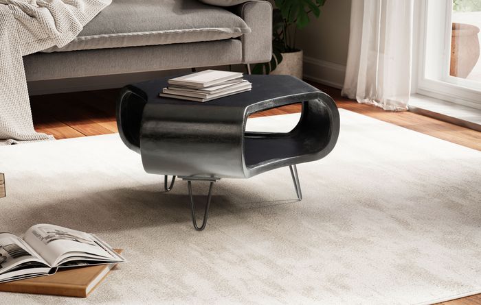 FineBuy Couchtisch 60x60x35 cm Mango Massivholz Metall Schwarz Sofatisch, Design Wohnzimmertisch Organisch mit Stauraum, Kaffeetisch Massiv, Kleiner Tisch Wohnzimmer mit Haarnadelbeine