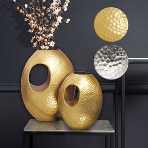 SV106577 FineBuy Deko Vase 2er Set Aluminium mit Tragegriff Blumenvase Modern, Hammerschlag Dekovase 2-teilig für Blumen, Alu Tischvase Handgefertigt