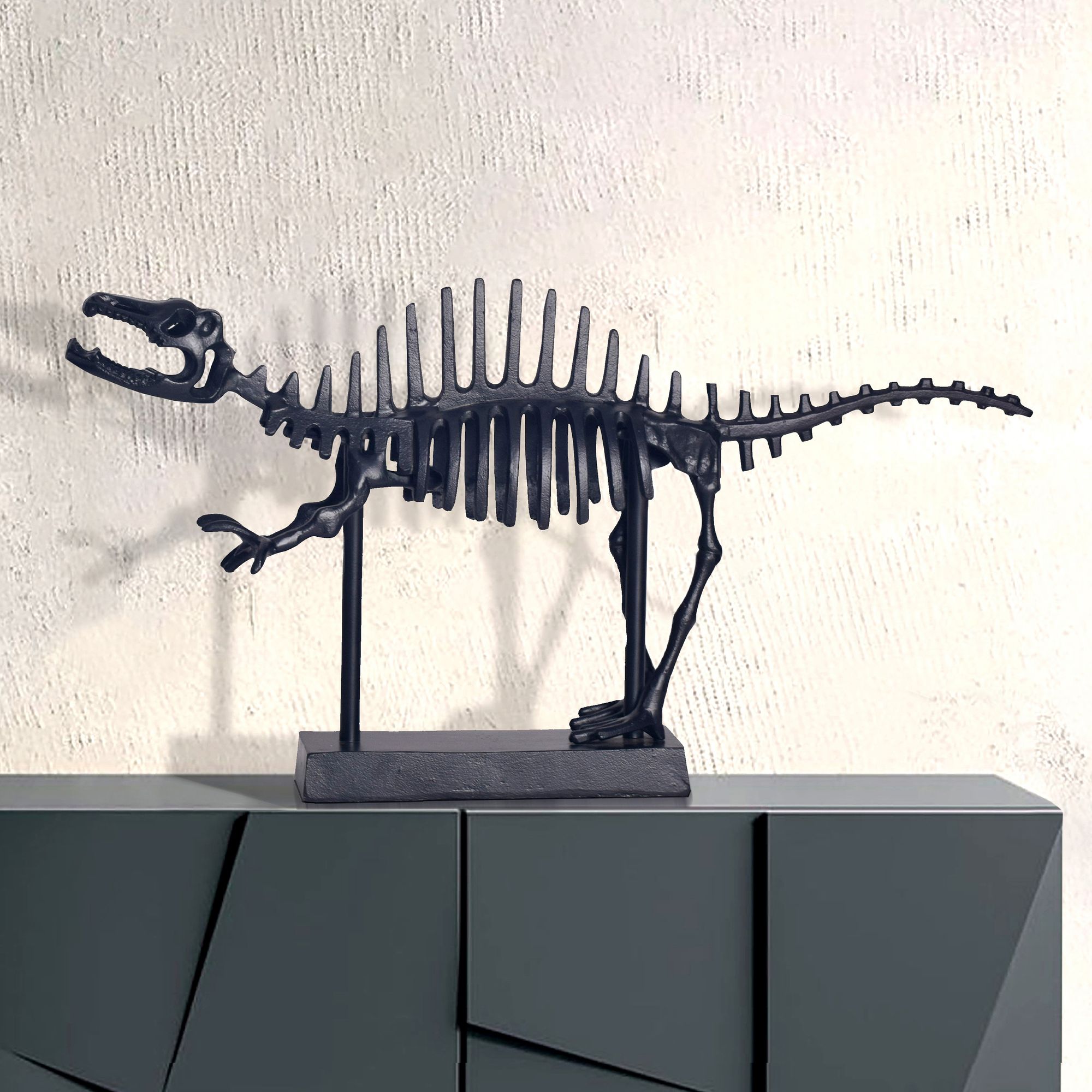 FineBuy Dekofigur T-Rex Aluminium Schwarz Dino Statue 62 cm mit Sockel, Design Metall Deko Alu Modern, Tischdeko Wohndeko Aluminiumdekoration, Dekoration Wohnaccessoire | Farbe: Schwarz