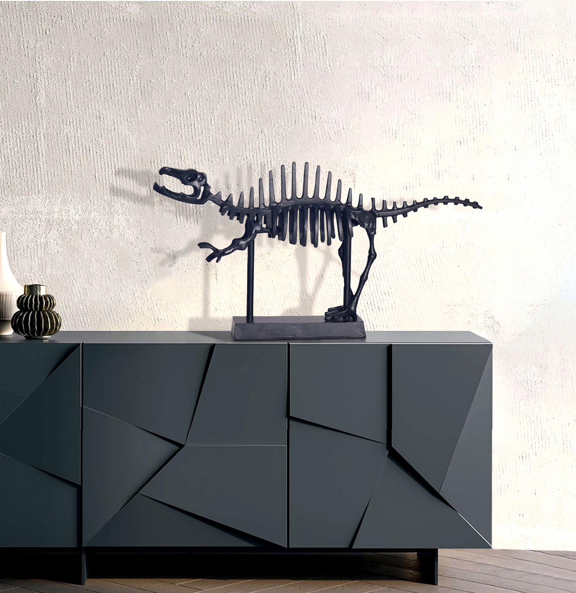 FineBuy Dekofigur T-Rex Aluminium Schwarz Dino Statue 62 cm mit Sockel, Design Metall Deko Alu Modern, Tischdeko Wohndeko Aluminiumdekoration, Dekoration Wohnaccessoire | Farbe: Schwarz