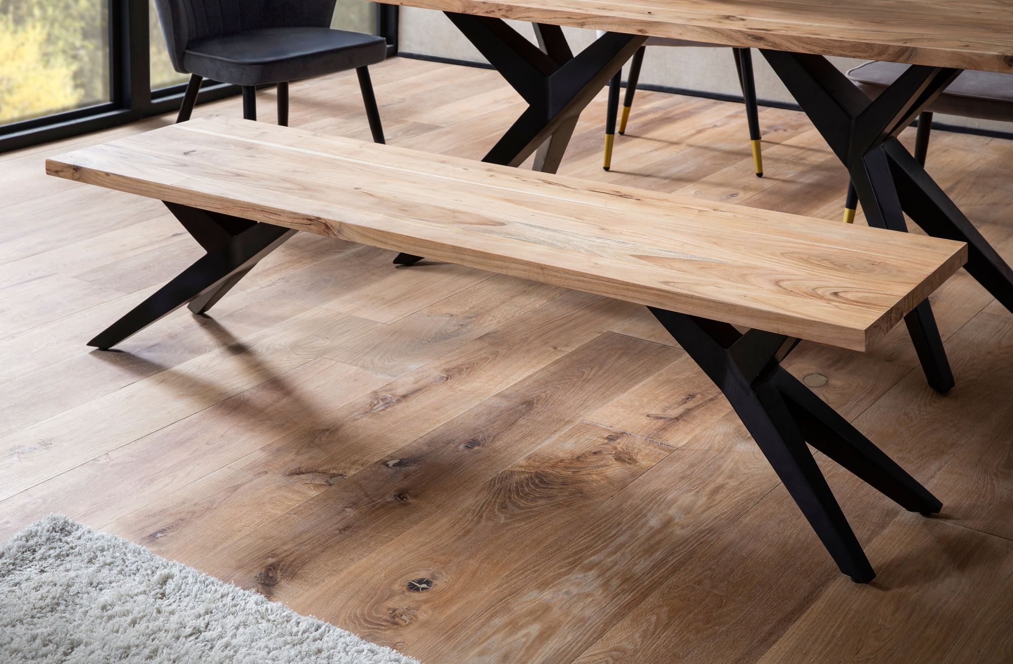 FineBuy Esszimmerbank Akazie Massivholz Metall Loft-Style, Esstischbank Holzbank Massiv ohne Lehne, Küchenbank Essbank Industrial, Sitzbank Esszimmer | Farbe: Braun