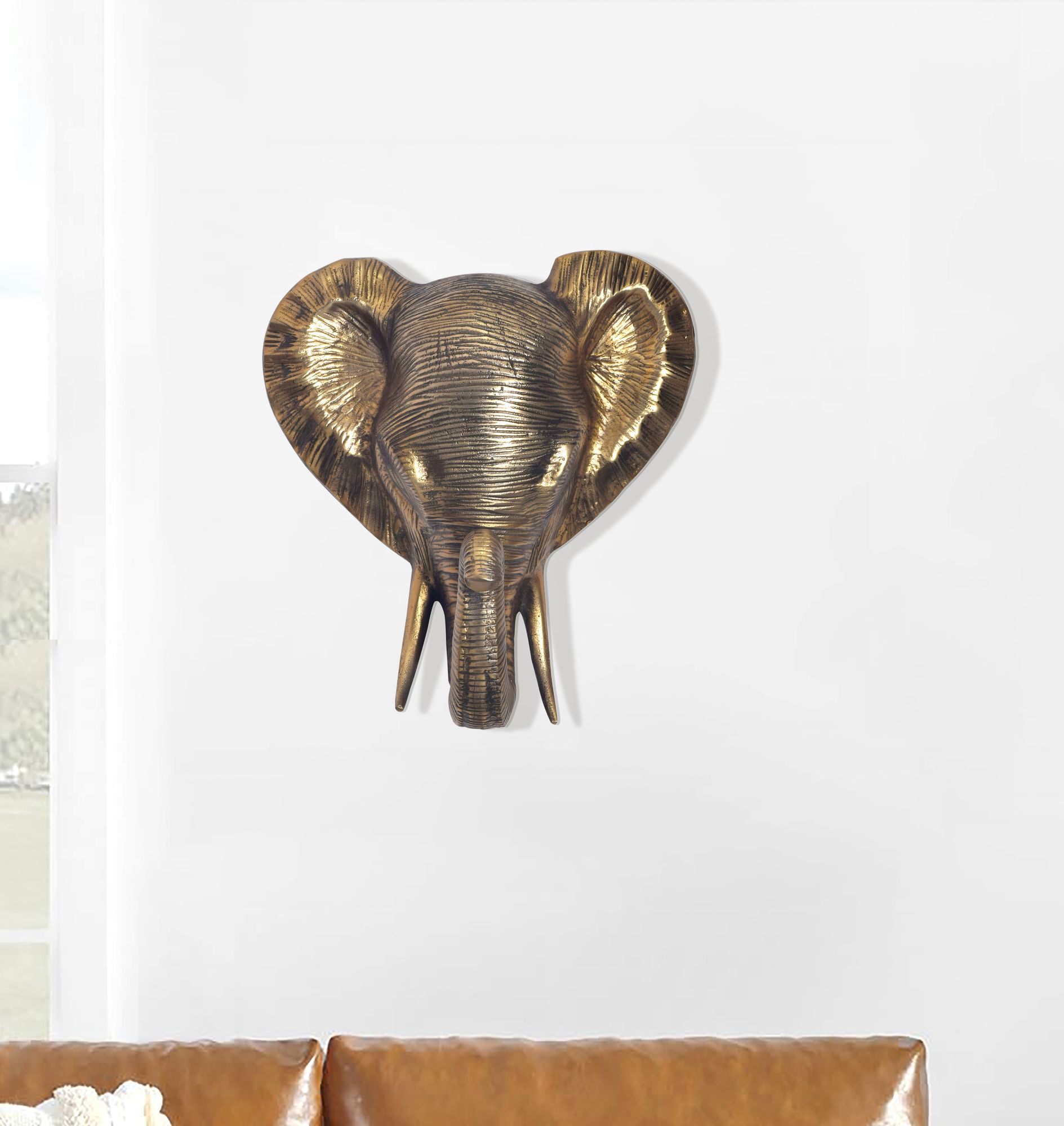 FineBuy Wanddeko Elefant Aluminium Gold Afrika 41 cm Tierkopf, Design Wanddekoration Metall Deko Alu Modern, Wohndeko Exotisch, Wandskulptur Dekoration Wohnaccessoire | Farbe: Gold