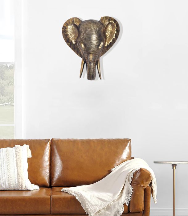 FineBuy Wanddeko Elefant Aluminium Gold Afrika 41 cm Tierkopf, Design Wanddekoration Metall Deko Alu Modern, Wohndeko Exotisch, Wandskulptur Dekoration Wohnaccessoire