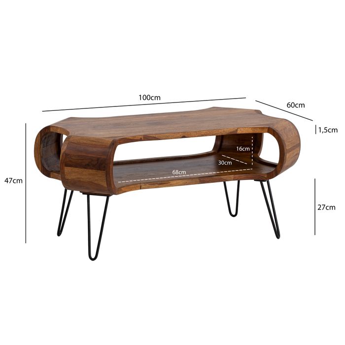 Couchtisch FineBuy Wohnzimmertisch Massivholz 100 cm Sofatisch Tisch Stauraum – Maßzeichnung