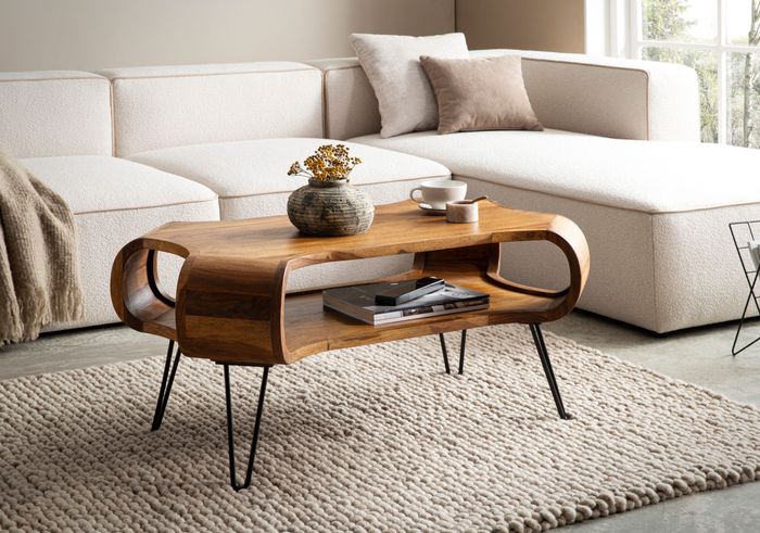 FineBuy Couchtisch 100x60x47 cm Sheesham Massivholz Metall Sofatisch, Design Wohnzimmertisch Rechteckig mit Stauraum, Kaffeetisch Massiv, Großer Tisch Wohnzimmer mit Haarnadelbeine