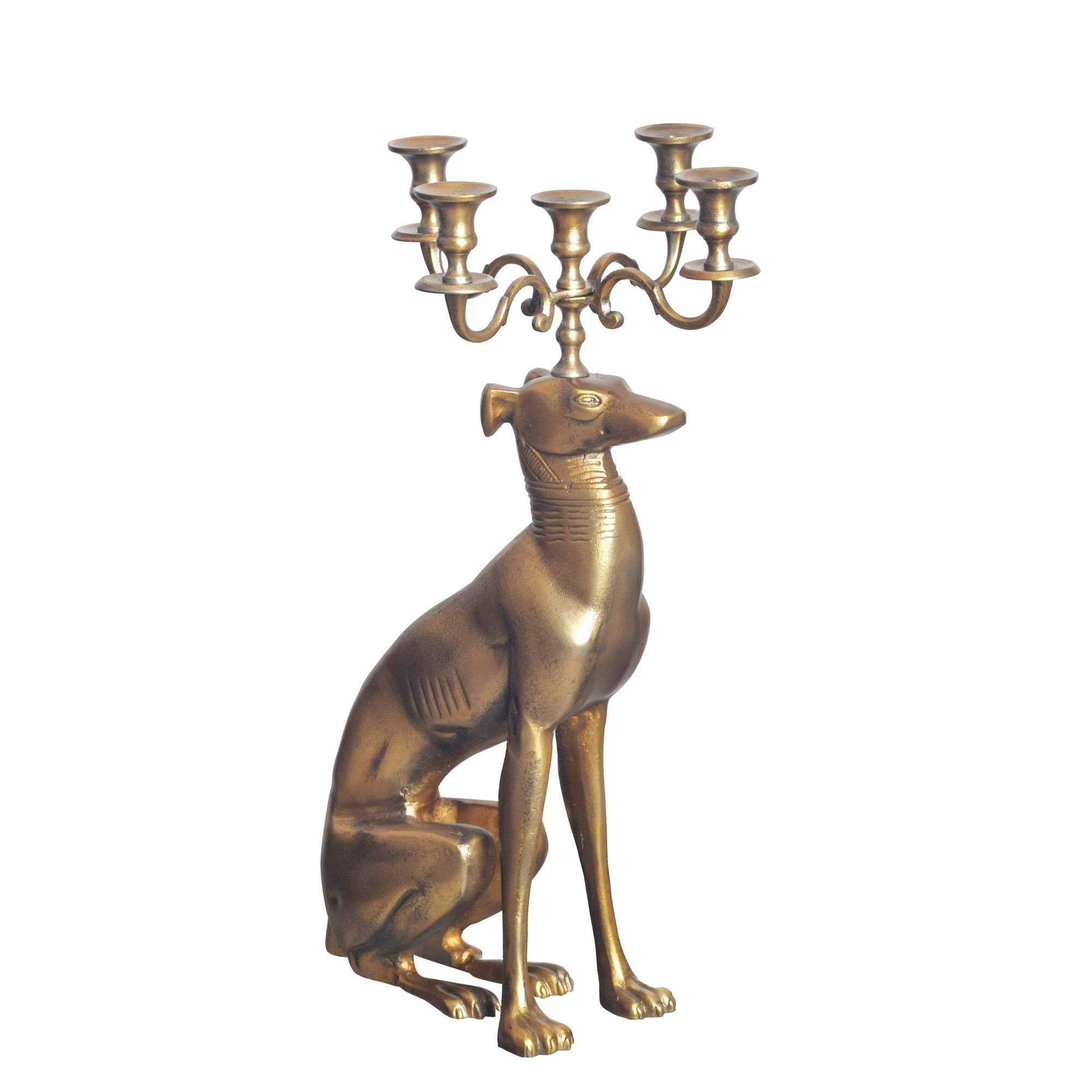 FineBuy Kerzenhalter Windhund Aluminium Gold 69 cm 5-armiger Kerzenleuchter, Kerzenständer Metall für fünf Kerzen, Bodenkerzenhalter Modern, Wohnaccessoire Hund | Farbe: Gold