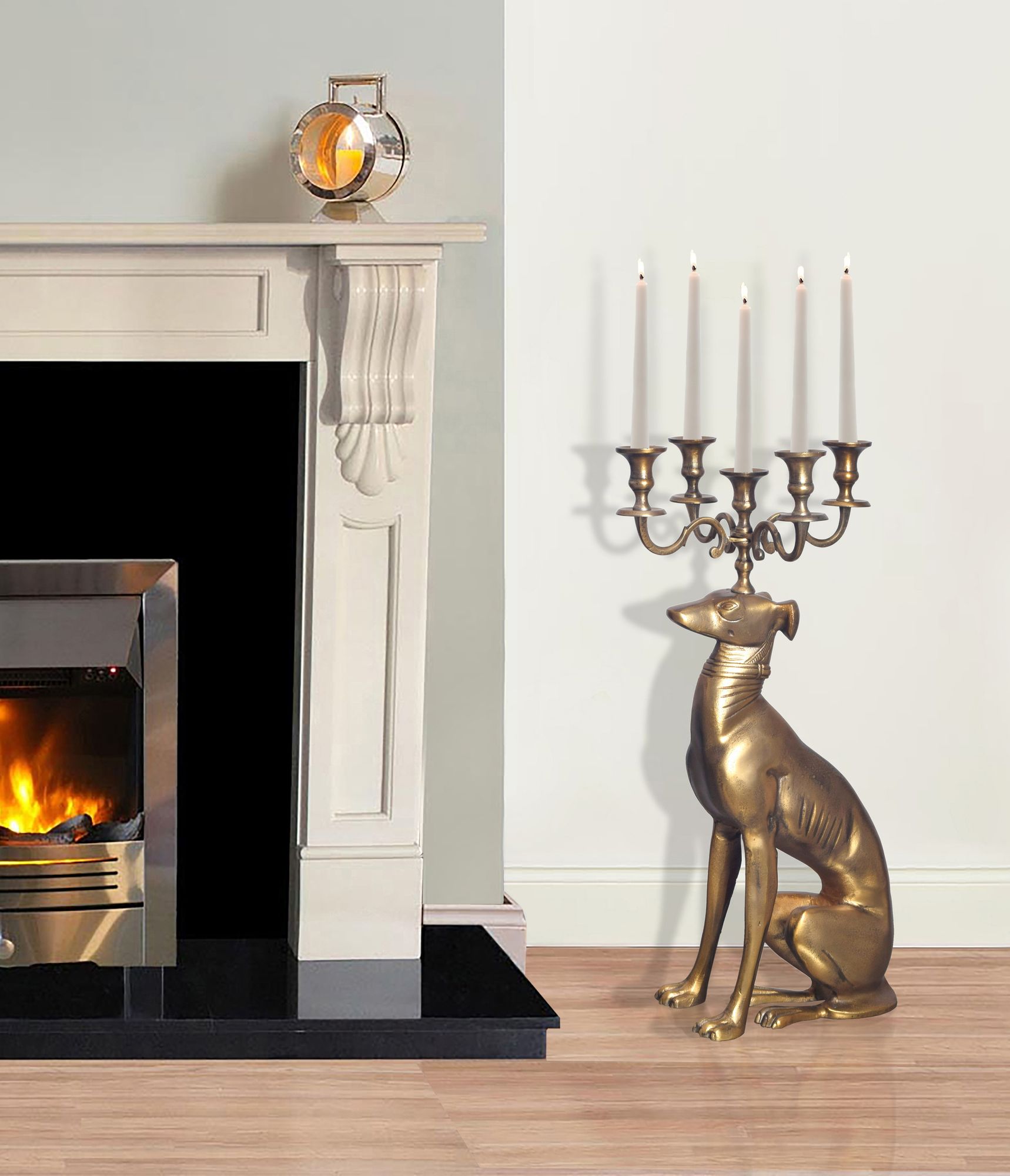 FineBuy Kerzenhalter Windhund Aluminium Gold 69 cm 5-armiger Kerzenleuchter, Kerzenständer Metall für fünf Kerzen, Bodenkerzenhalter Modern, Wohnaccessoire Hund | Farbe: Gold