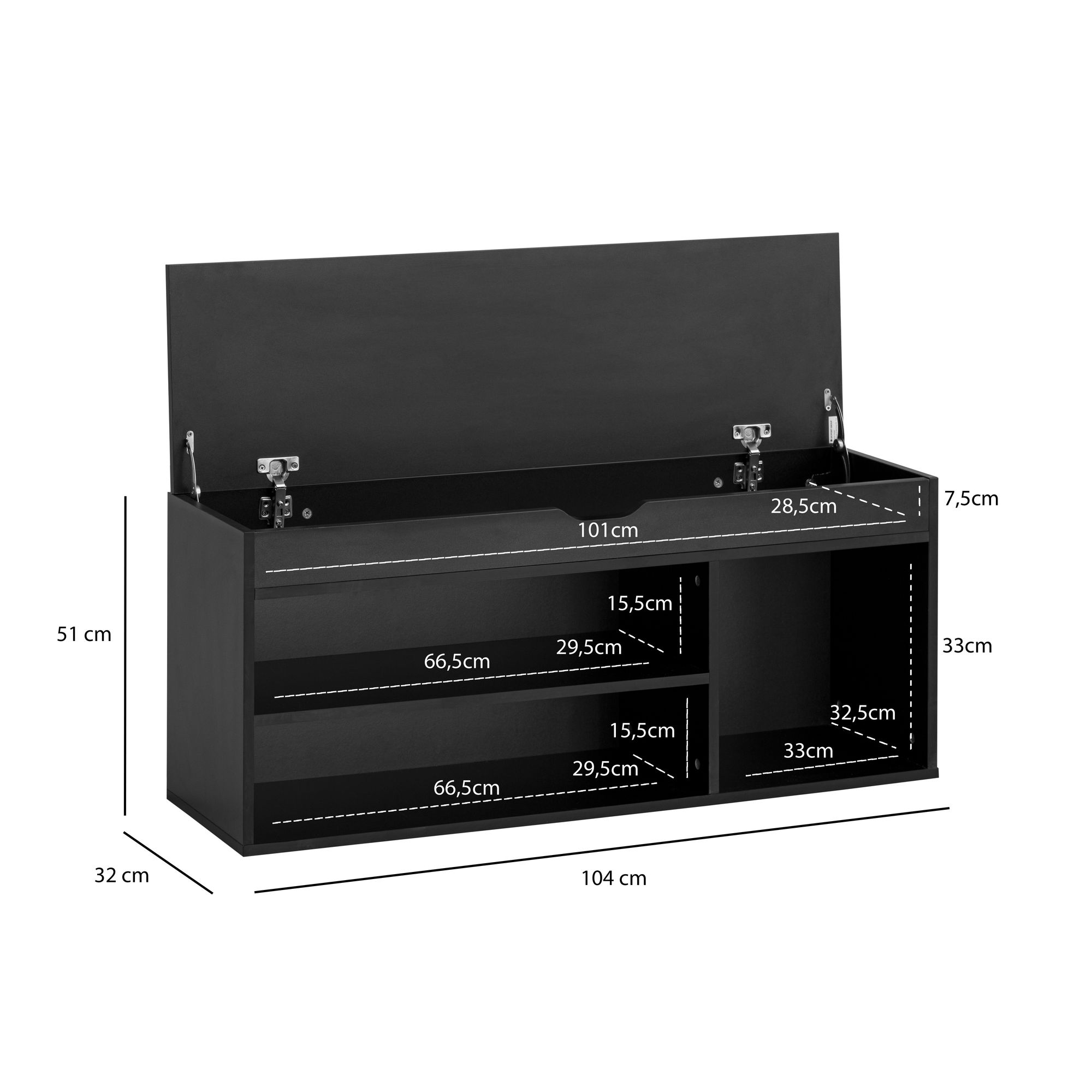 FineBuy Schuhbank mit Sitzfläche Garderoben-Bank 104x51x32 cm Kunstleder Schwarz, Holzbank Klein Gepolstert, Sitzbank Schmal Flur mit Stauraum, Truhenbank Schuhtruhe Flurmöbel | Farbe: Schwarz