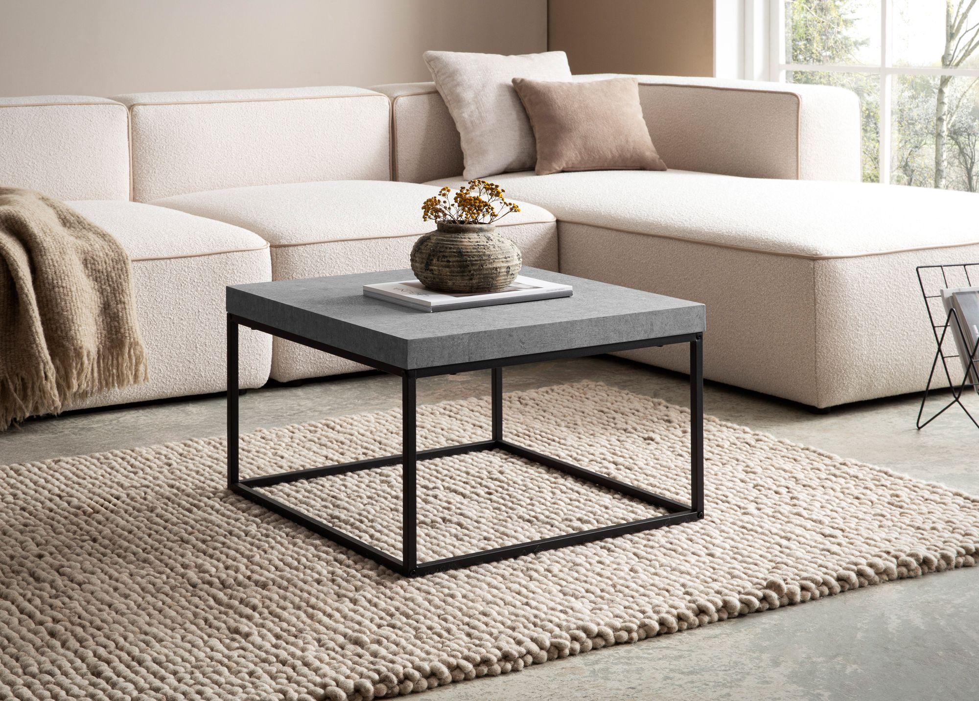 FineBuy Couchtisch 60x60x38 cm Sofatisch Modern, Design Wohnzimmertisch Quadratisch, Loungetisch Klein, Kaffeetisch Metallbeine | Farbe: Beige