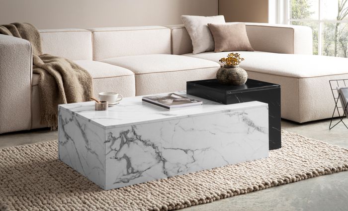 FineBuy Couchtisch 120x60x40 cm Weiß Schwarz Sofatisch in Marmor-Optik Modern, Design Wohnzimmertisch Rechteckig, Loungetisch zwei Ebenen, Kaffeetisch Groß