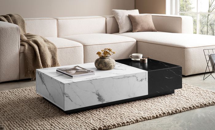 FineBuy Couchtisch 120x60x28 cm Weiß Schwarz Sofatisch in Marmor-Optik Modern, Wohnzimmertisch Niedrig Rechteckig mit Schubladen, Loungetisch Stauraum, Kaffeetisch Groß