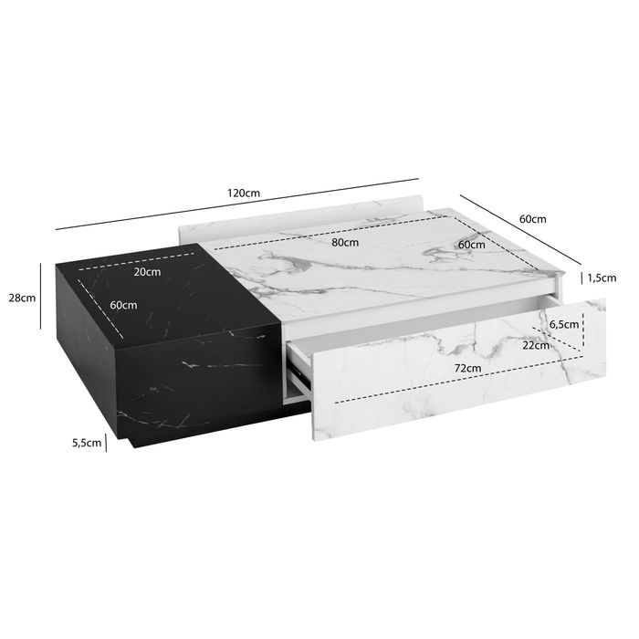 Couchtisch FineBuy Sofatisch Weiß 120 cm Marmoroptik Wohnzimmertisch Schublade – Maßzeichnung