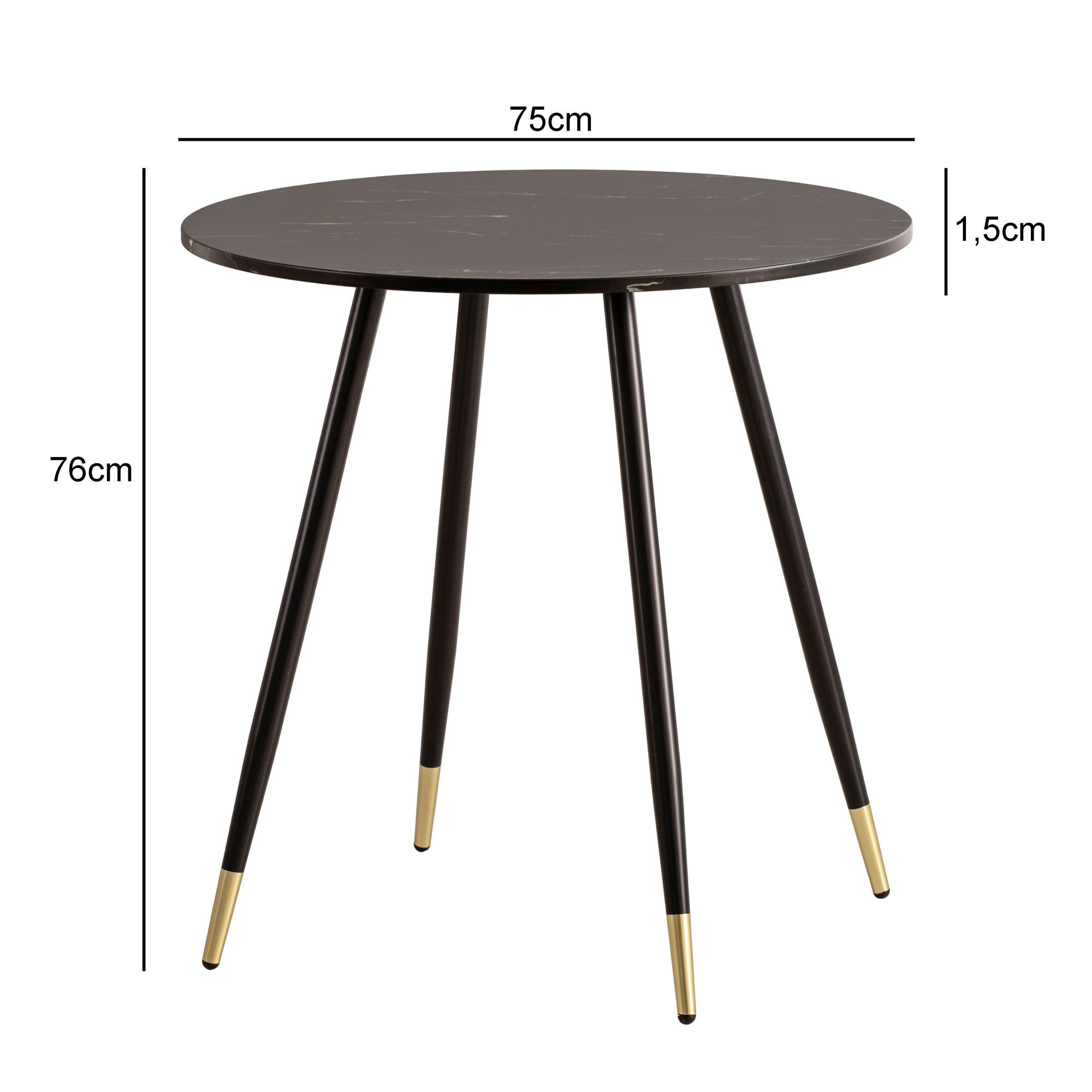 FineBuy Esszimmertisch 75x75x76 cm Marmor-Optik Esstisch Modern, Küchentisch mit Metallbeinen, Kleiner Speisetisch Esszimmer Rund | Farbe: Schwarz