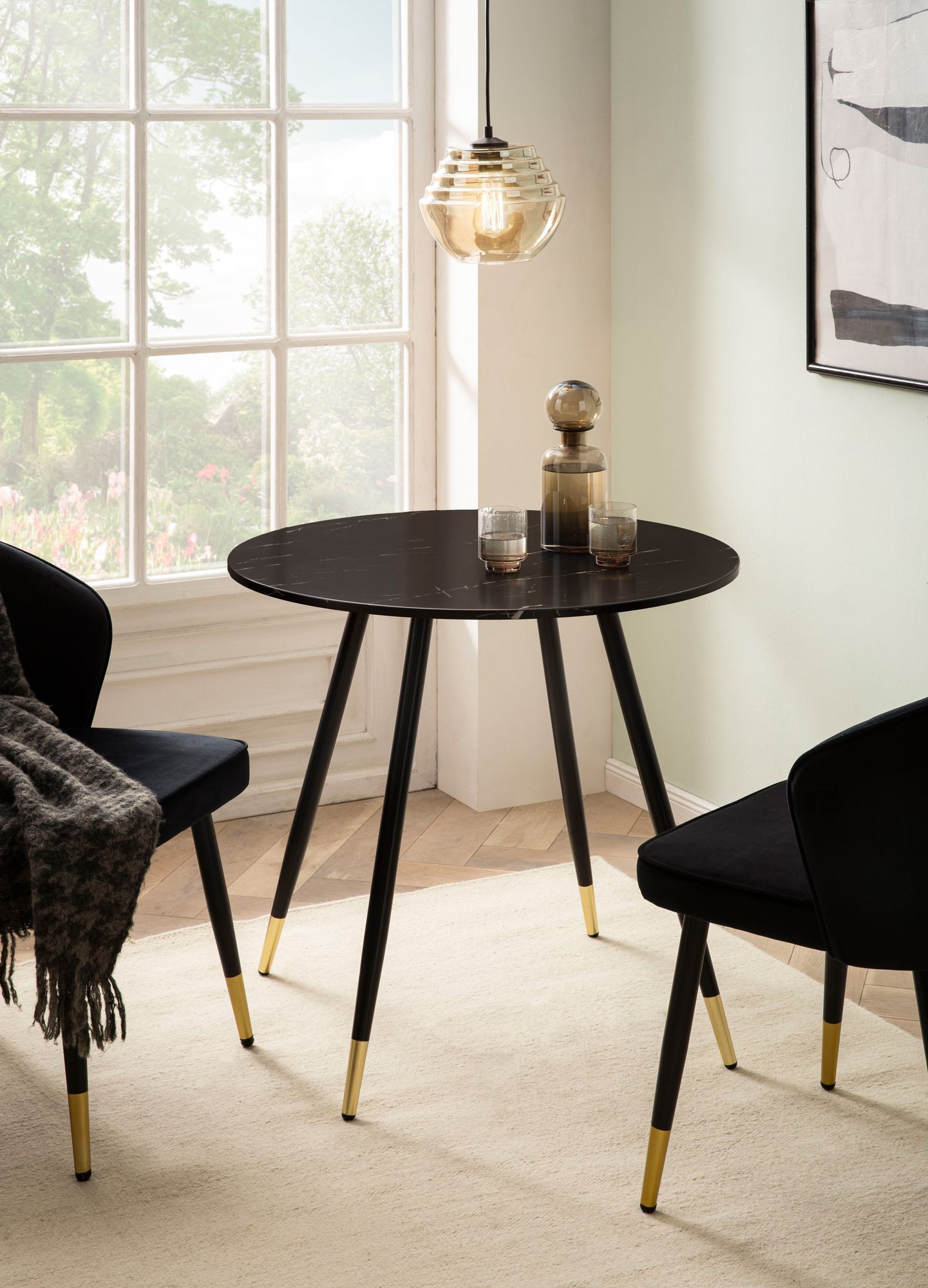 FineBuy Esszimmertisch 75x75x76 cm Marmor-Optik Esstisch Modern, Küchentisch mit Metallbeinen, Kleiner Speisetisch Esszimmer Rund | Farbe: Schwarz