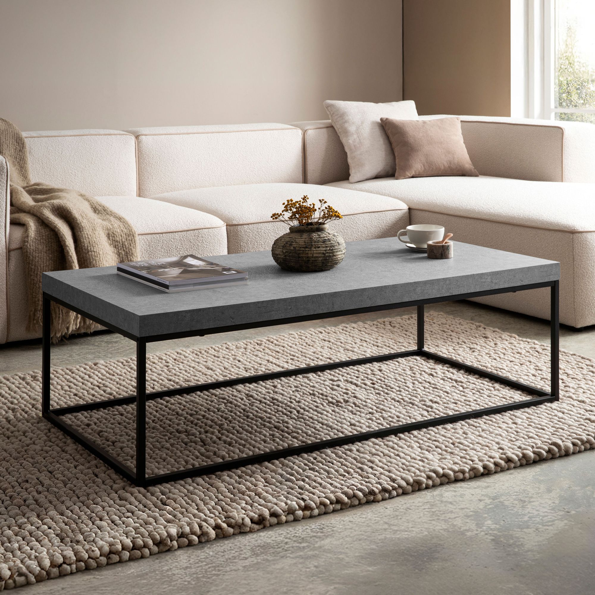 FineBuy Couchtisch 120x60x38 cm Sofatisch Modern, Design Wohnzimmertisch Rechteckig, Loungetisch Groß, Kaffeetisch Metallbeine | Farbe: Beige