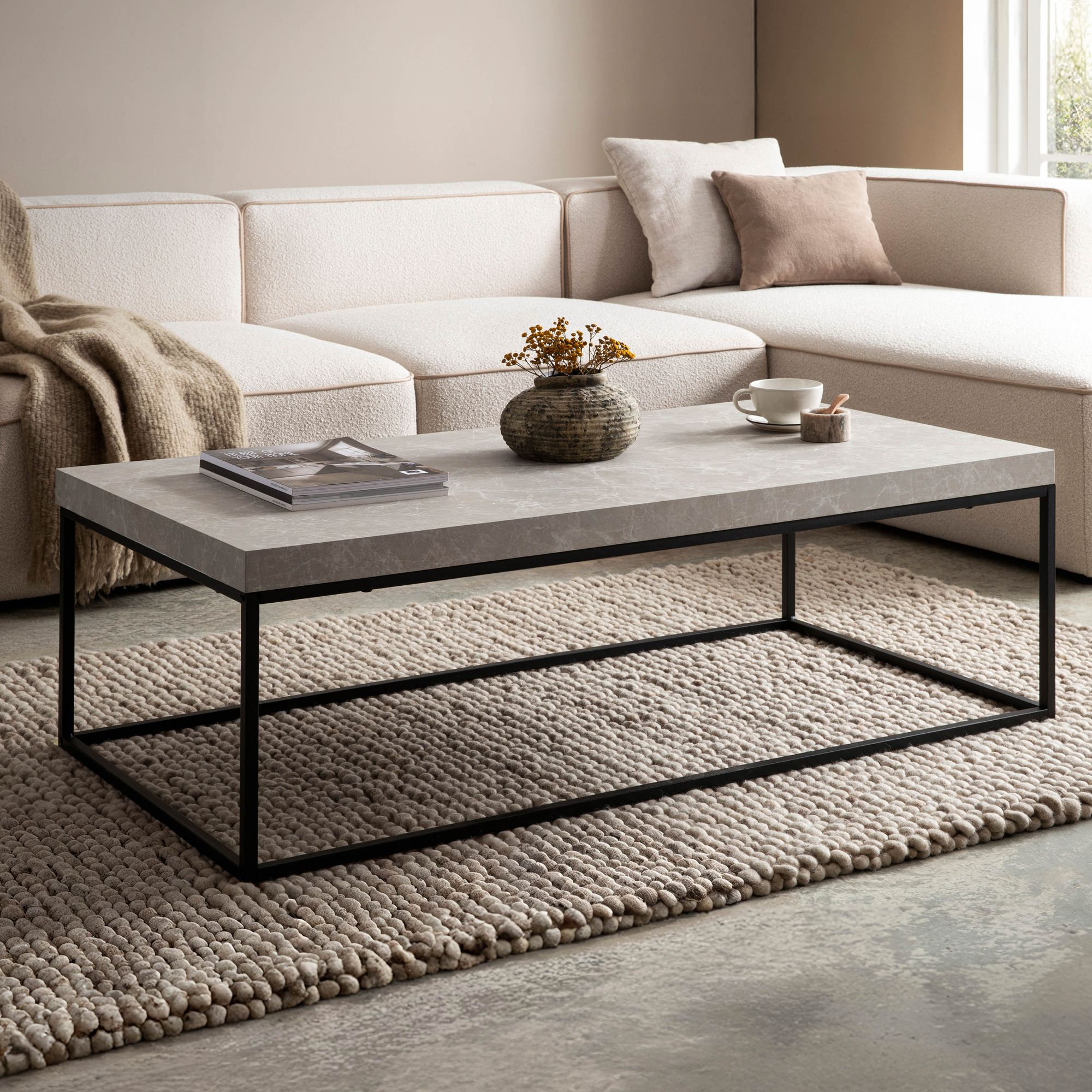 FineBuy Couchtisch 120x60x38 cm Sofatisch Modern, Design Wohnzimmertisch Rechteckig, Loungetisch Groß, Kaffeetisch Metallbeine | Farbe: Beige