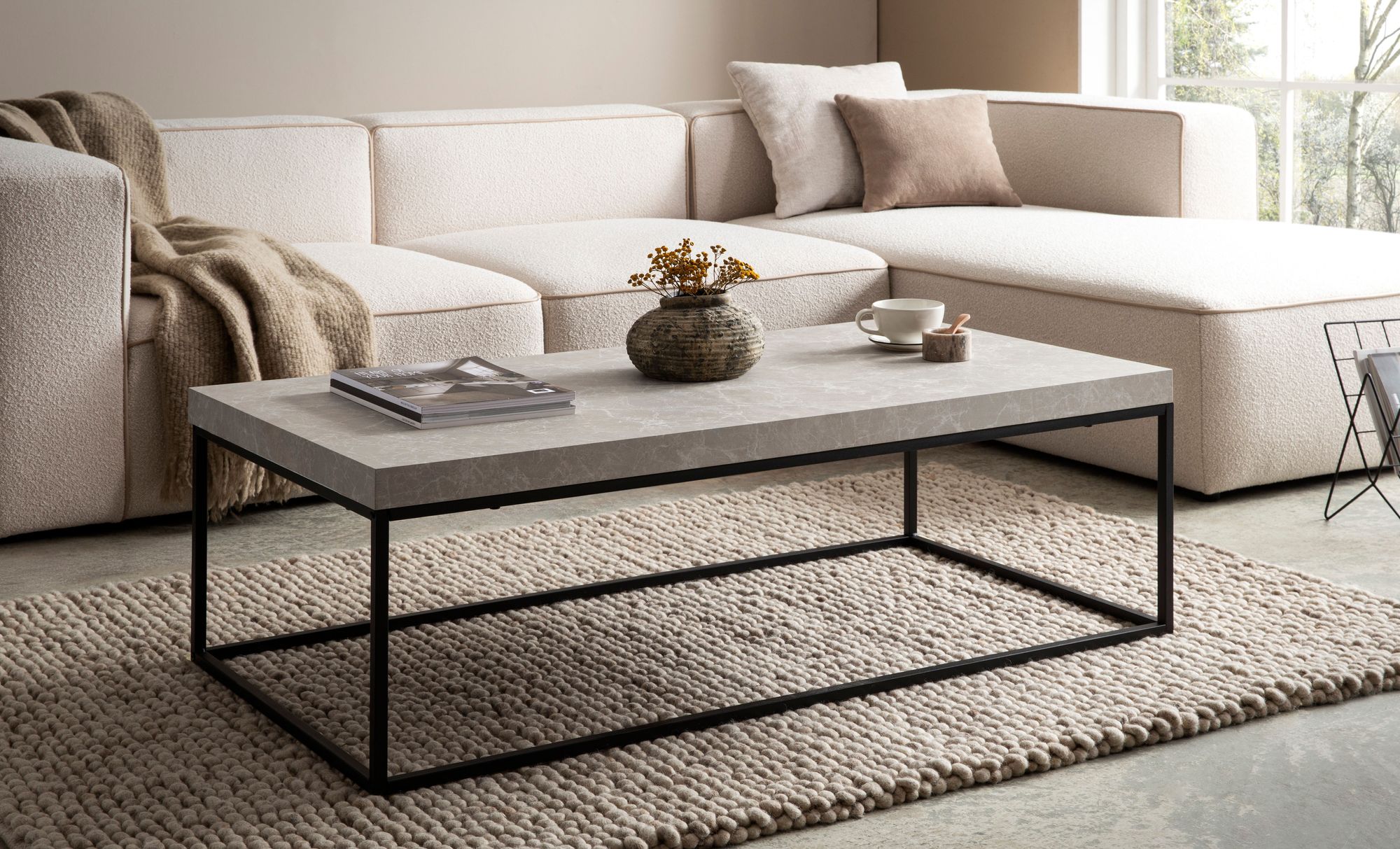 FineBuy Couchtisch 120x60x38 cm Sofatisch Modern, Design Wohnzimmertisch Rechteckig, Loungetisch Groß, Kaffeetisch Metallbeine | Farbe: Beige