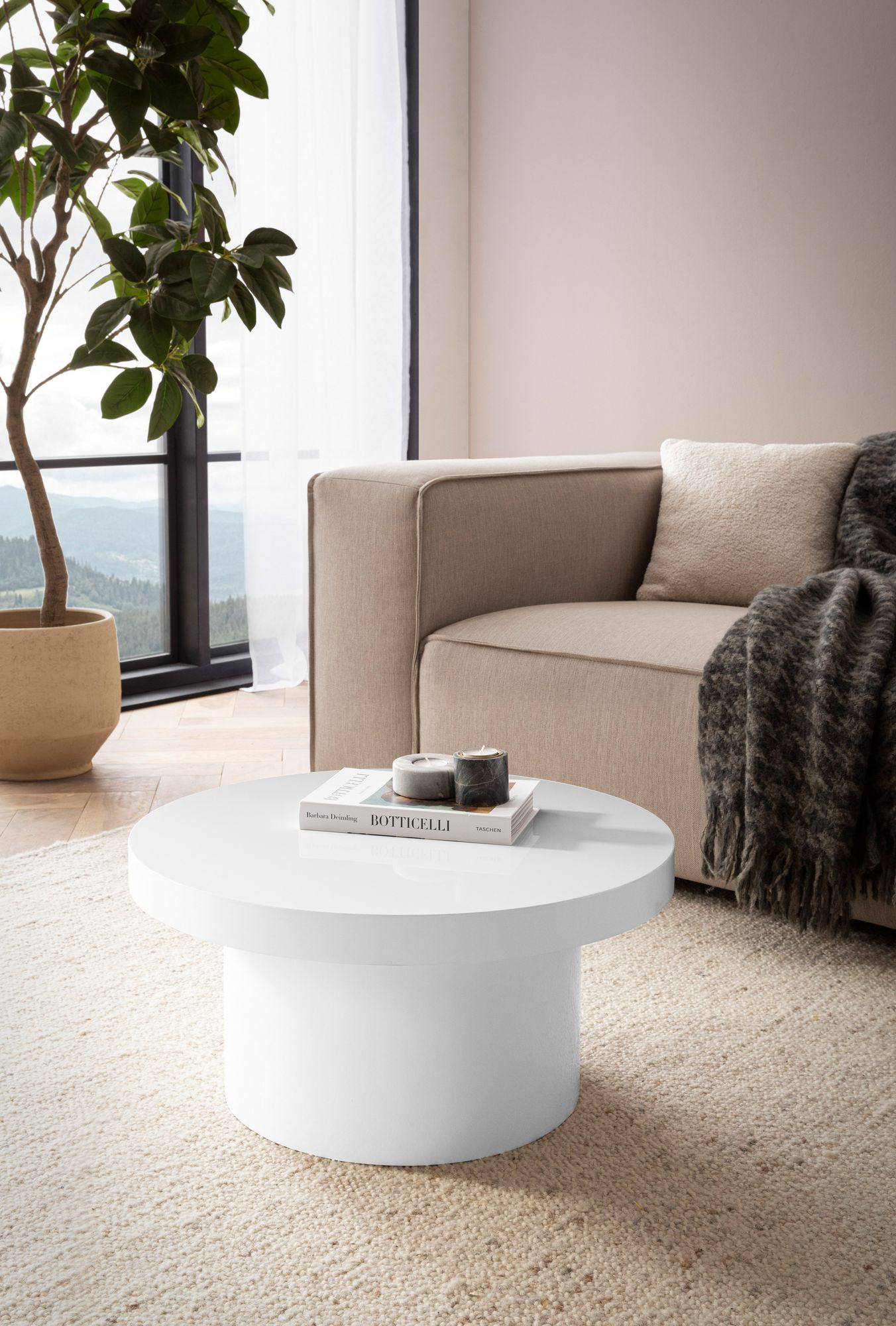 FineBuy Weißer Hochglanz Couchtisch 60cm rund – stilvoller kleiner Design Wohnzimmertisch, Sofatisch im modernen Pilz-Design mit glatter Oberfläche | Farbe: Weiß