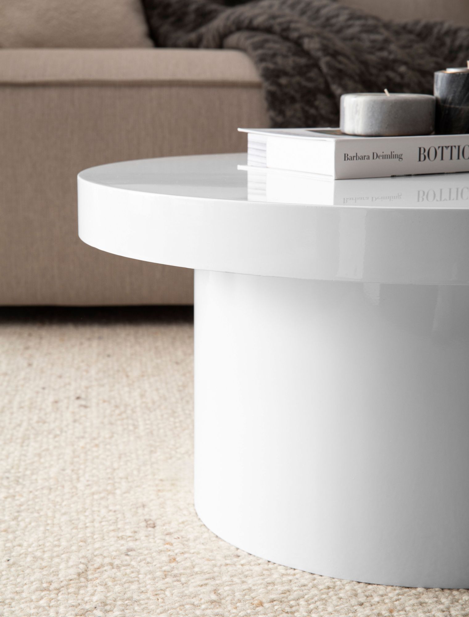 FineBuy Weißer Hochglanz Couchtisch 60cm rund – stilvoller kleiner Design Wohnzimmertisch, Sofatisch im modernen Pilz-Design mit glatter Oberfläche | Farbe: Weiß