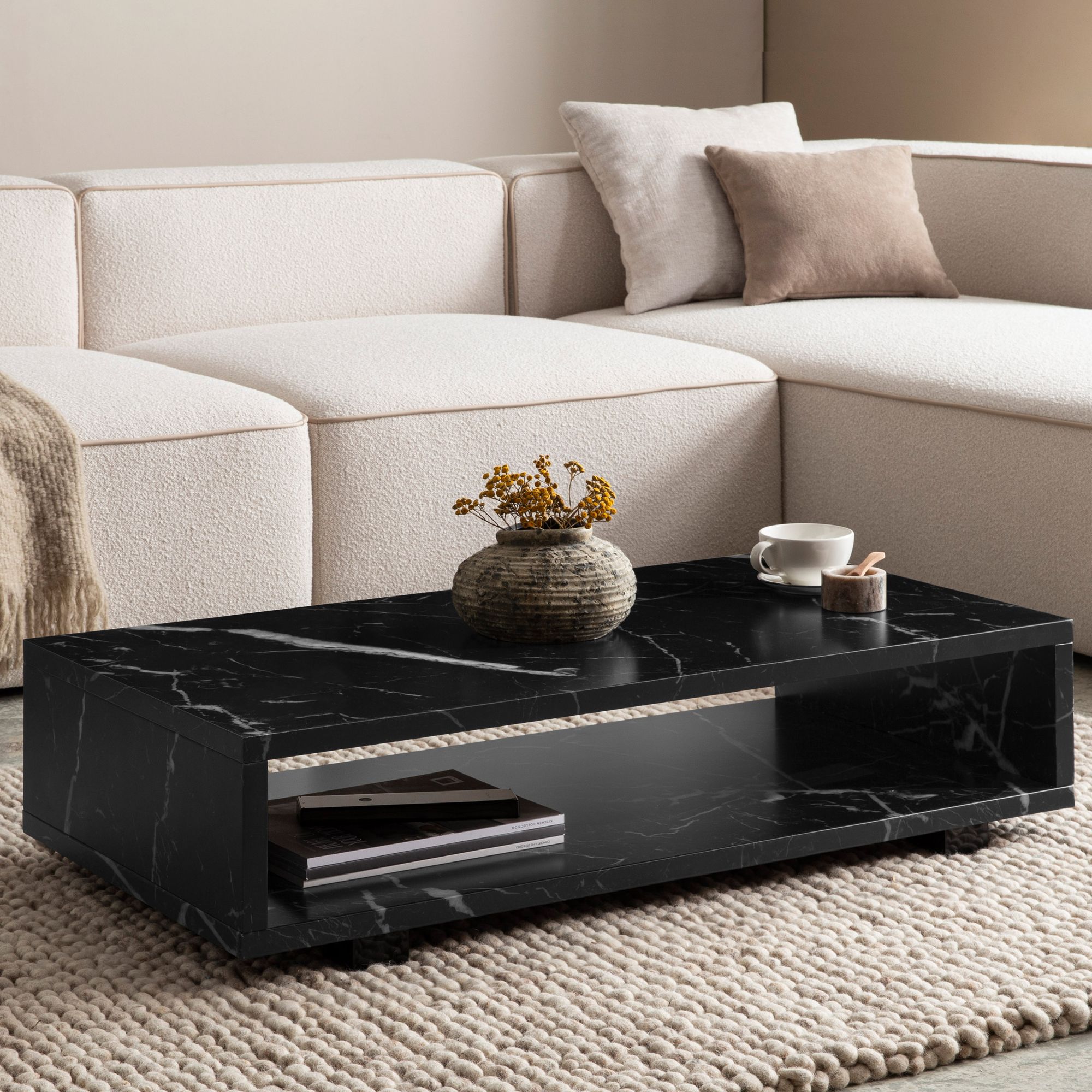 FineBuy Couchtisch 100x50x25 cm Sofatisch Modern, Design Wohnzimmertisch Rechteckig mit Stauraum, Loungetisch Schlicht, Kaffeetisch Groß | Farbe: Beige