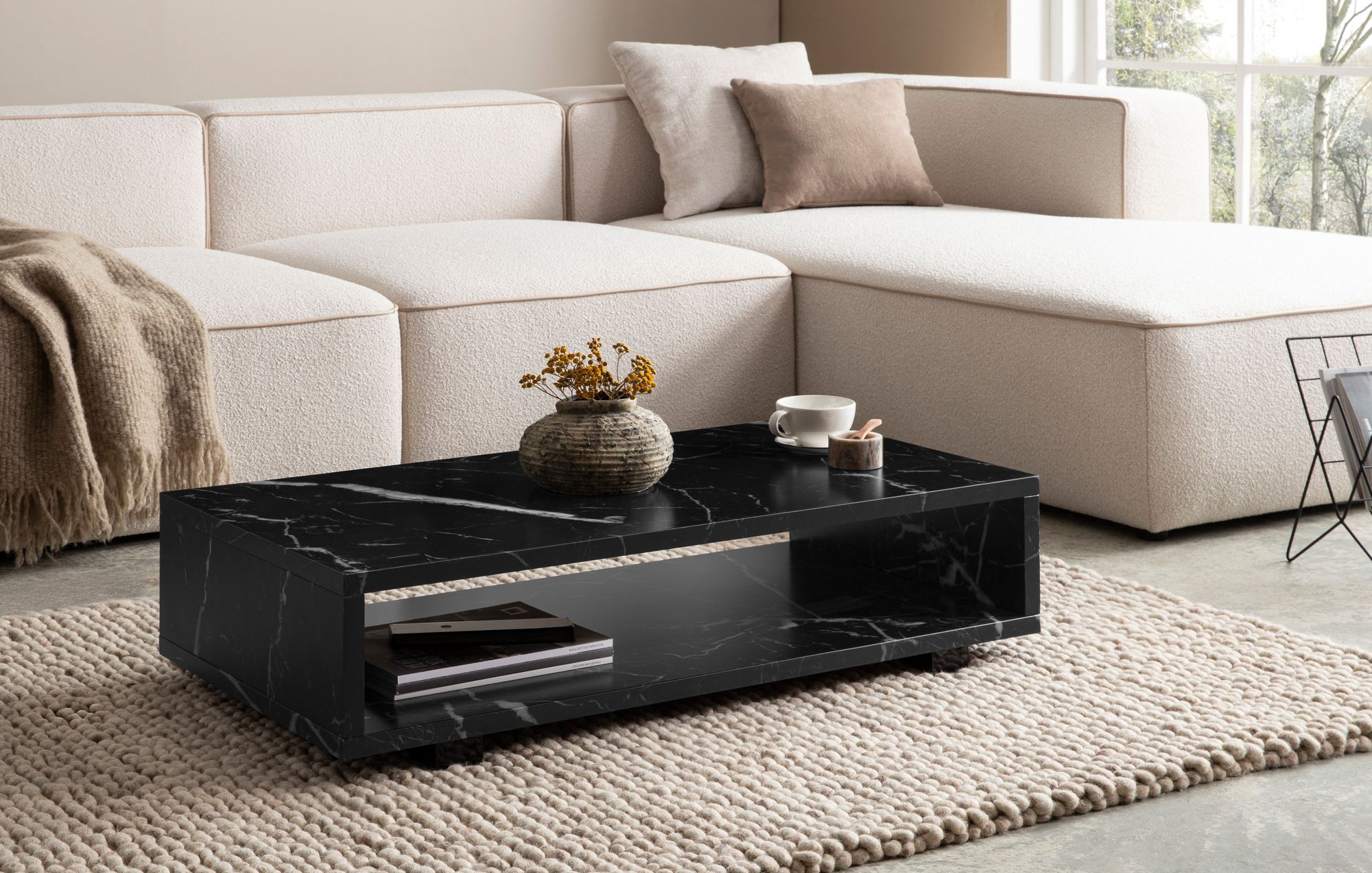 FineBuy Couchtisch 100x50x25 cm Sofatisch Modern, Design Wohnzimmertisch Rechteckig mit Stauraum, Loungetisch Schlicht, Kaffeetisch Groß | Farbe: Beige