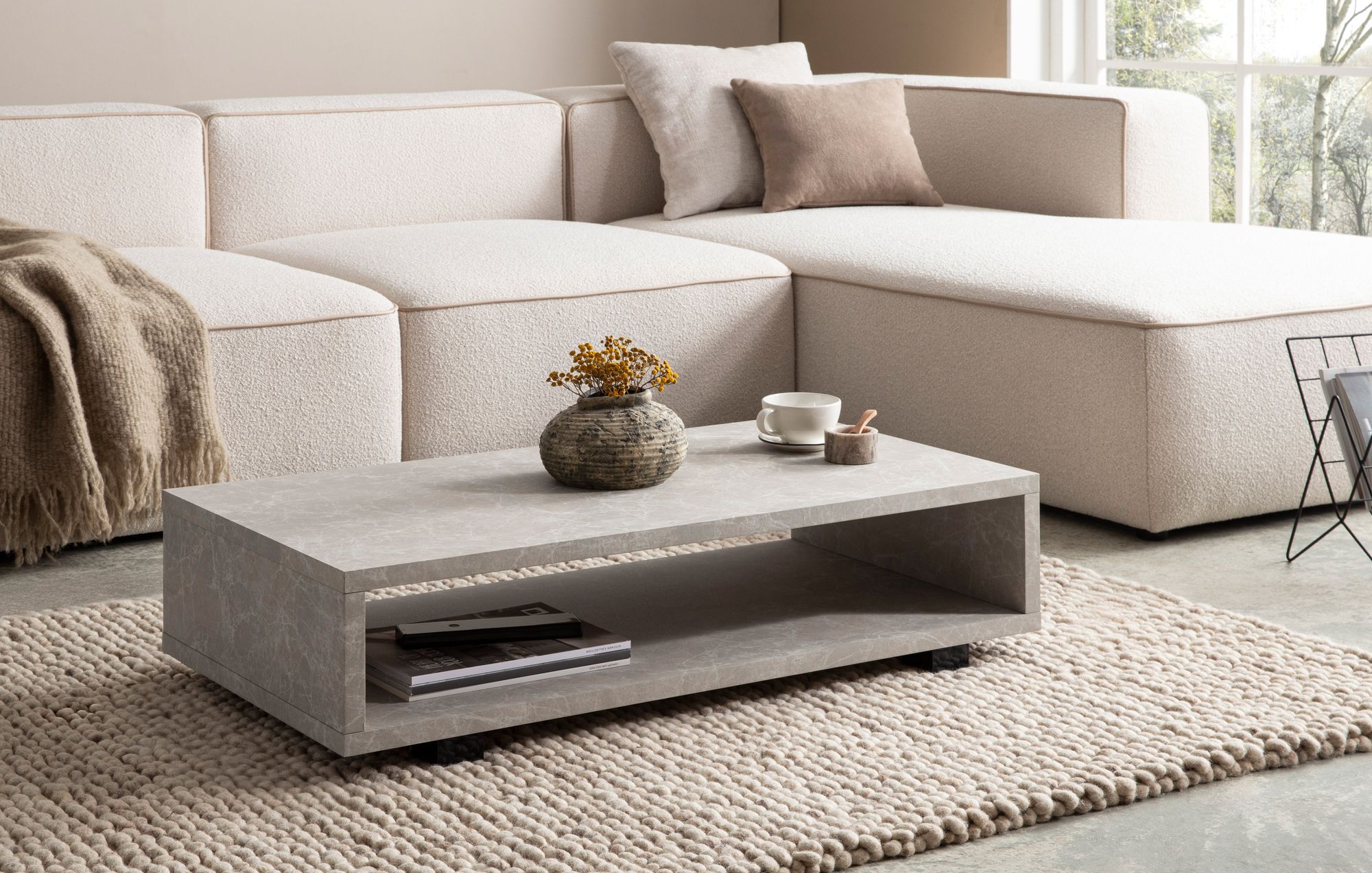 FineBuy Couchtisch 100x50x25 cm Sofatisch Modern, Design Wohnzimmertisch Rechteckig mit Stauraum, Loungetisch Schlicht, Kaffeetisch Groß | Farbe: Beige