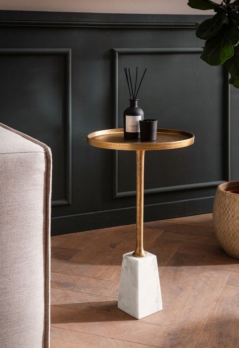 FineBuy Beistelltisch Echter Marmor Metall 34x34x58 cm Anstelltisch Gold Weiß, Kleiner Abstelltisch Rund, Wohnzimmertisch Couch Modern, Marmortisch Hoch
